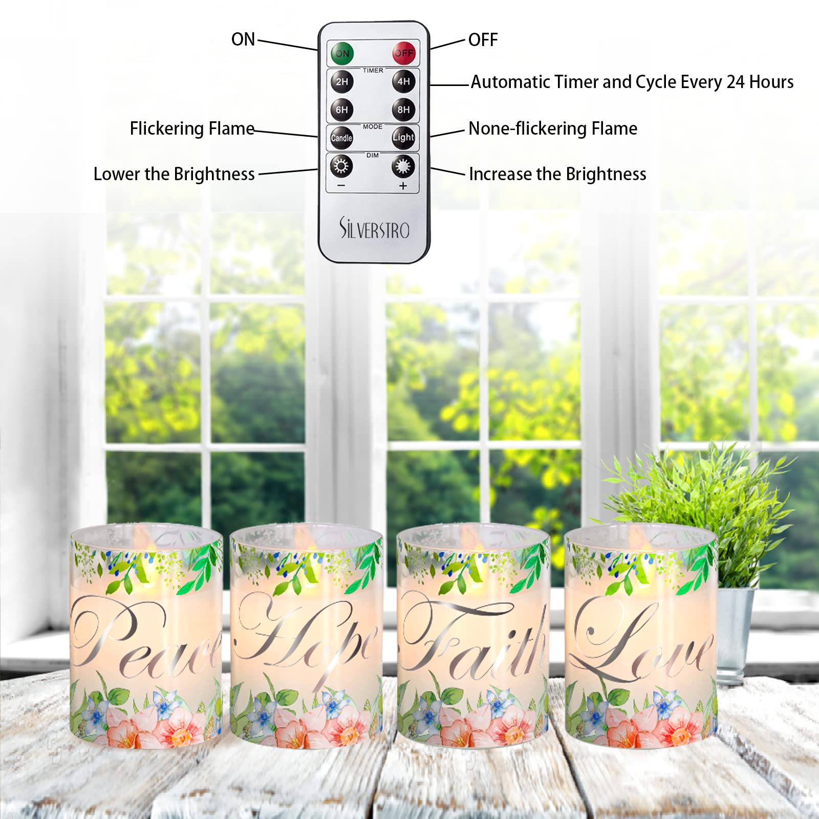 Silverstro Floral Flameless Candles Real Wax Glass Flickering Led Candles With Remote   Home Party Room Botanical Christmas Deco