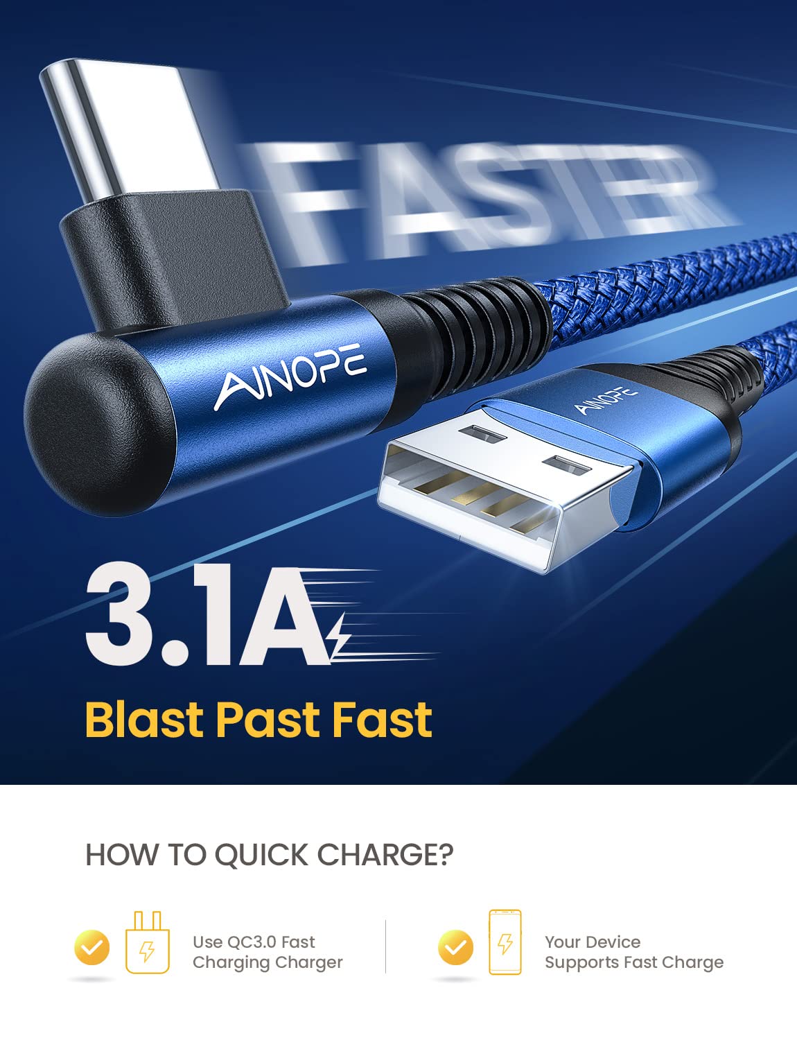 Ainope Usb C Cable 3Ft Right Angle, 2 Pack Usb To Usb C Cable 3Ft 3.1A Fast Charging Nylon Braided Usb A To Usb C Cable Blue Acc