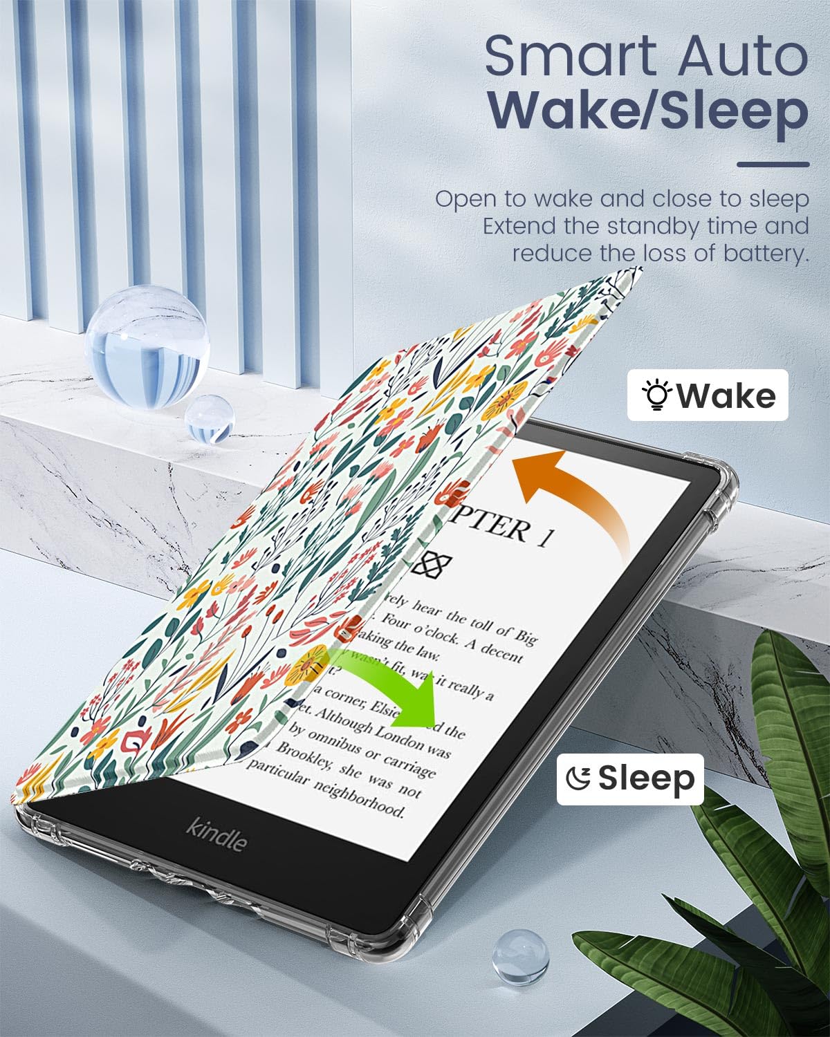 MoKo Case for 6' Kindle (11th Generation 2024/2022 Release), Ultra Clear Soft Flexible Transparent TPU Back Cover Light Shell with Auto Wake/Sleep for Kindle 11th Generation 2024, Flowers