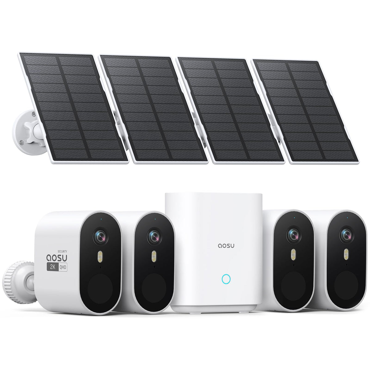 Aosu Solar Security Cameras Wireless Outdoor, 2K Qhd Home Security System, 4 Cameras Kit With 166° Ultra-Wide View, Forever Power, Spotlight Camera, 32G Local Storage, No Monthly Fee