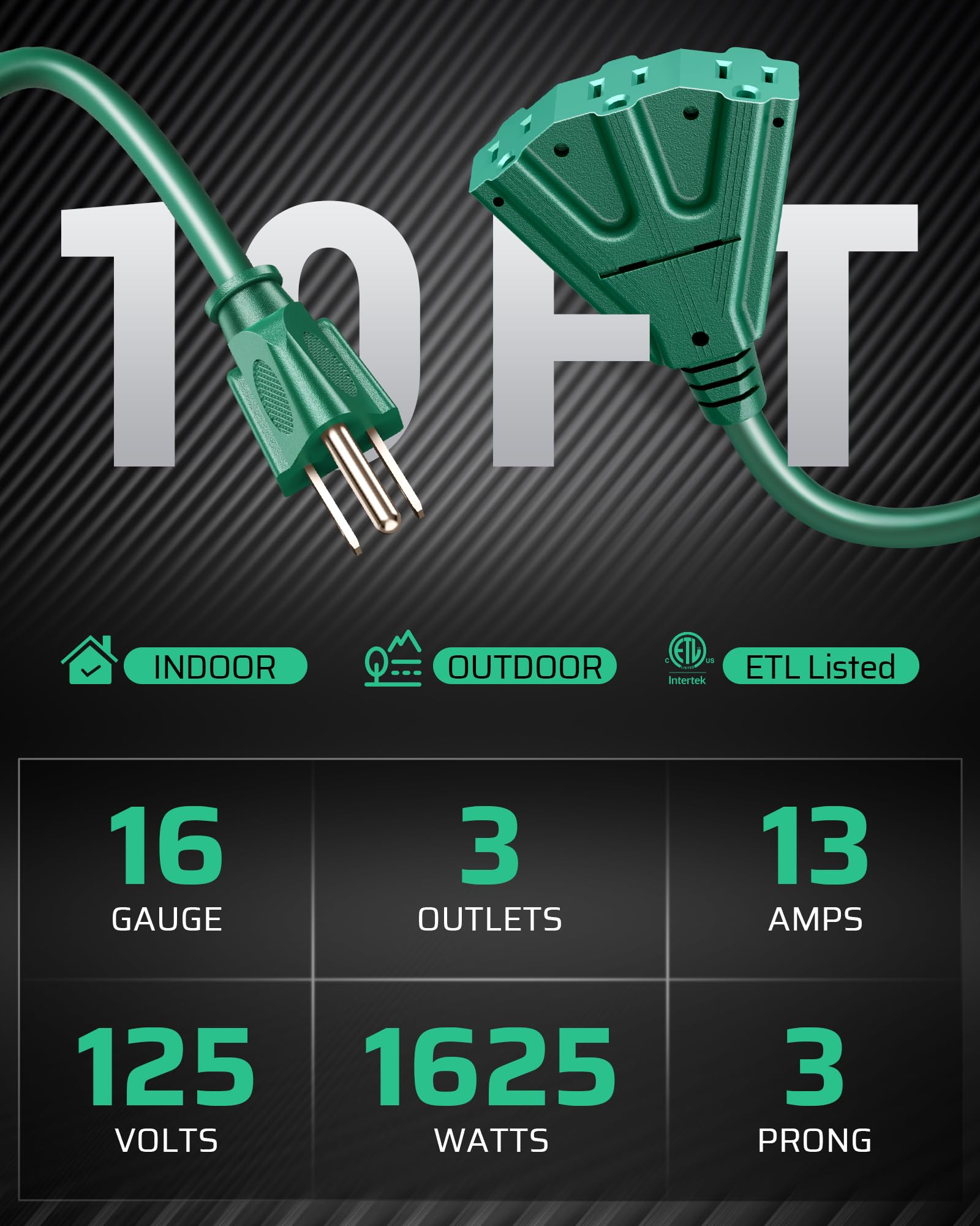 Dewenwils 10 Ft Green Outdoor Tri Tap Extension Cord Splitter For Halloween, Weatherproof 16/3 Sjtw Power Cable For Christmas De