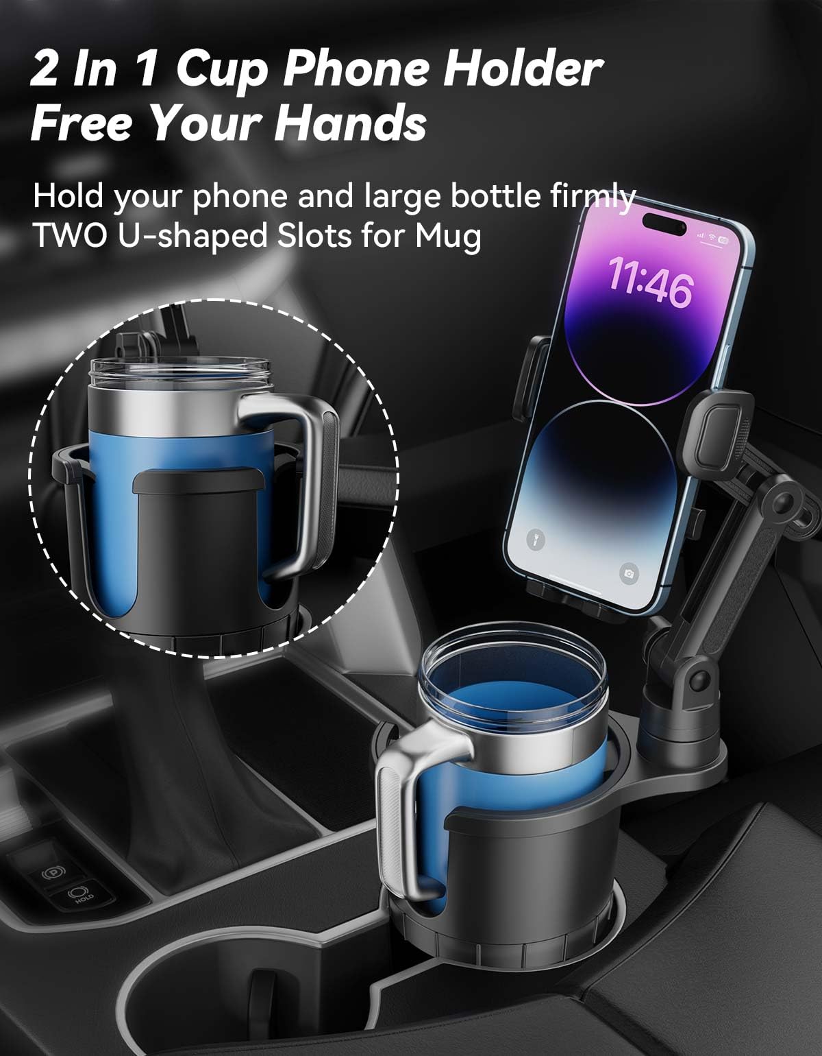 Wavecuer 2 Pack Cup Holder Phone Mount For Car, Phone Cup Holder For Car Iphone With Expandable Base, Compatible With Iphone Sam