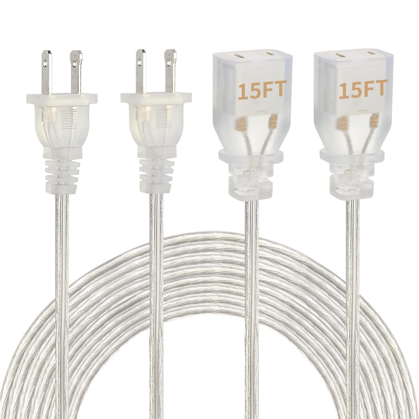 Zlierop 2 Pack 15 Ft Clear Extension Cord, Ul Certified Appliance Extension Cord, 2 Prong Extension Cord, Male To Female Extensi