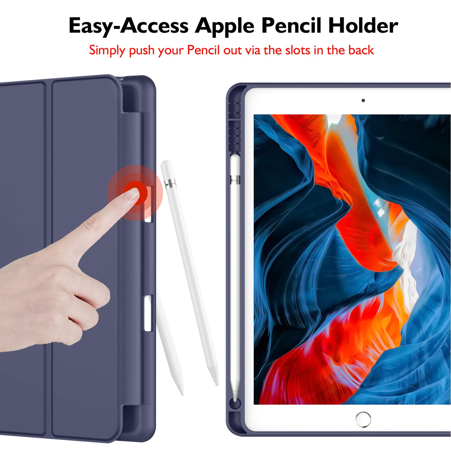 Imieet Ipad 9Th Generation Case 2021/Ipad 8Th Generation Case 2020 10.2 Inch With Pencil Holder, Ipad 7Th Gen 2019 Case With Soft Baby Skin Silicone Back, Auto Wake/Sleep Cover (Dark Blue)