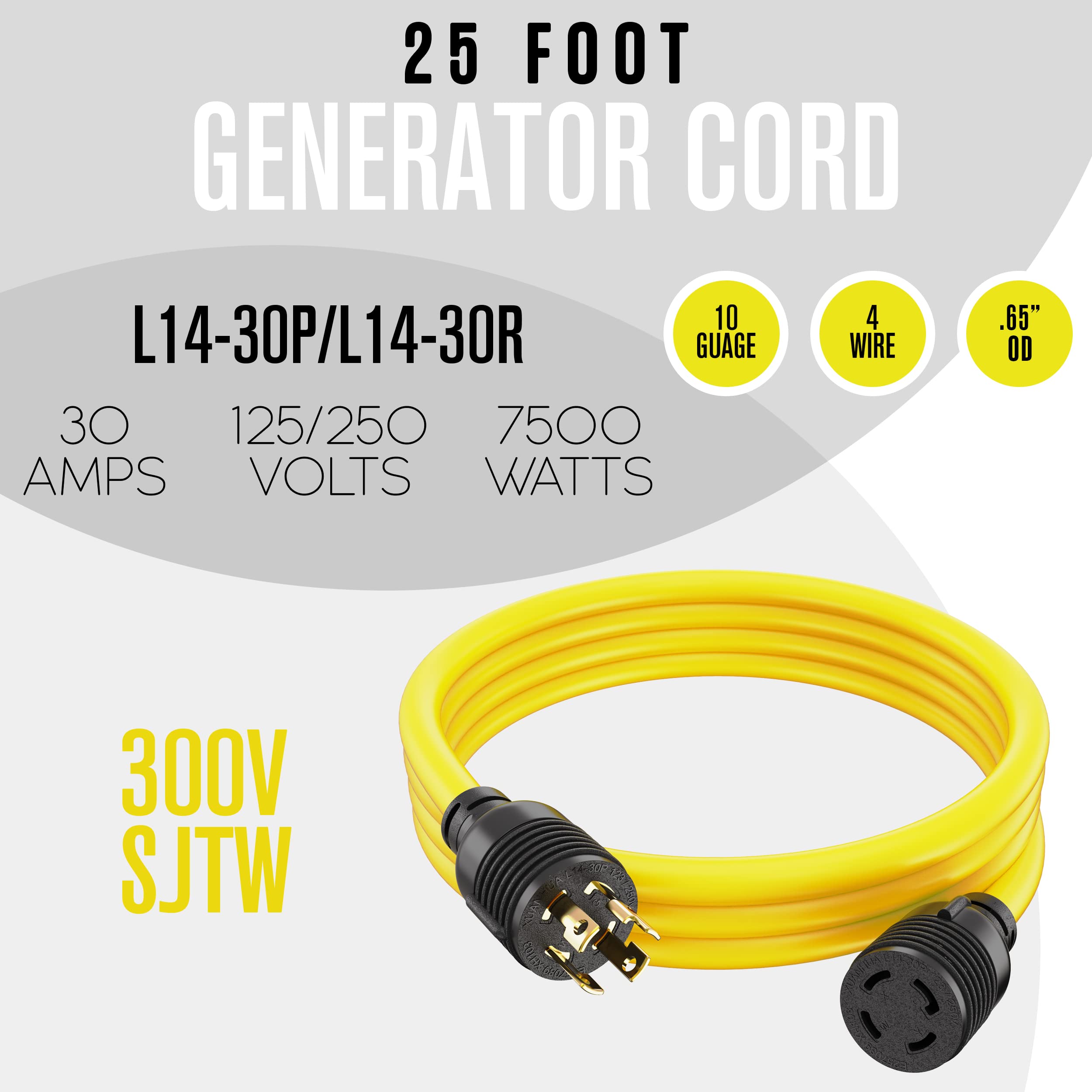 Houseables 30 Amp Generator Cord 4 Prong, Extension Generator Cable, 25 Ft, 125 250V, 7500 Watt Max Rating, Ul Cul, Nema L 14 30