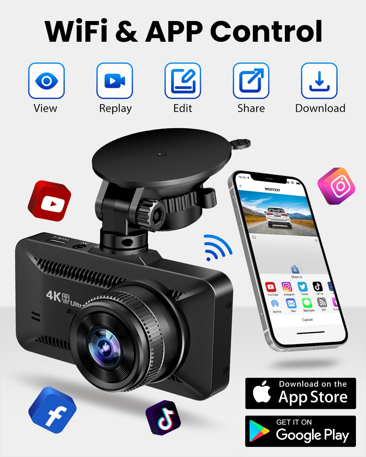 Dash Cam Front Rear 4K/1080P, Dash Camera For Cars Build In Wifi, Full Hd Dash Cam With App Control, 3.94 Ips Screen Dash Camera