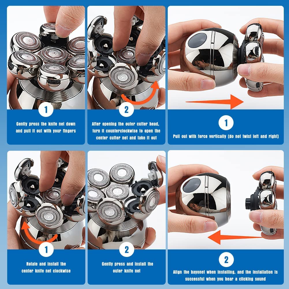 Head Shavers For Bald Men, Wjiang 6 In 1 Electric Razor Mens Shaver Wet Dry Cordless Electric Skull Shavers 7D Floating Recharge