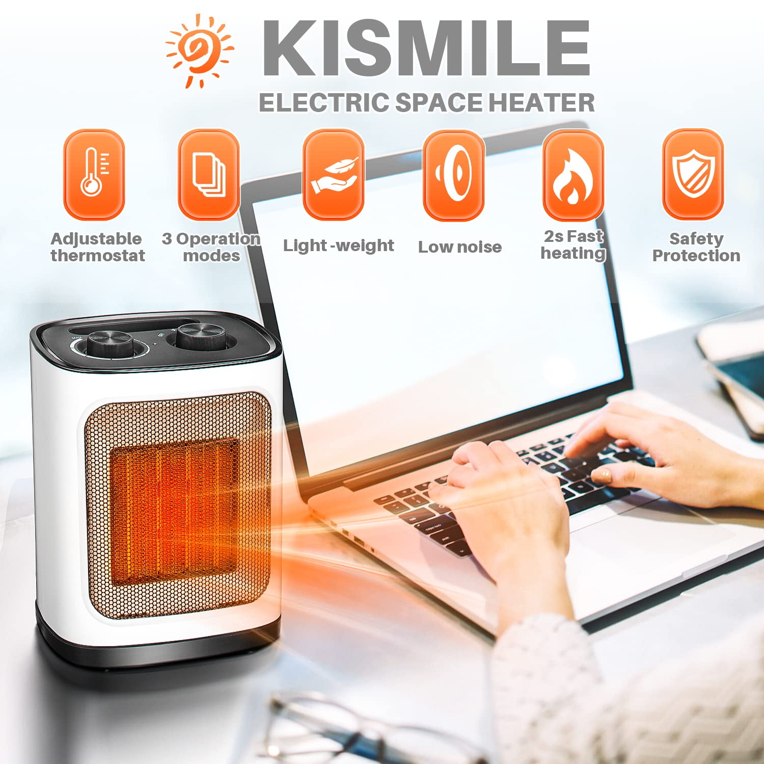 Kismile Portable Electric Space Heater, Small Ceramic Heater Fan With Thermostat, Tip Over And Overheat Protection,Fast Heating