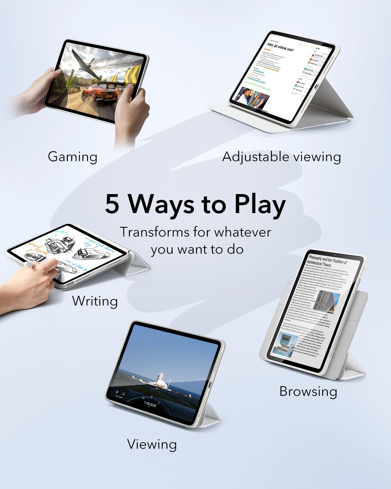 Esr For Ipad Air 11 Inch Case (2025) M3/M2, Ipad Air 7Th/6Th/5Th/4Th Generation Case (2024/2022/2020) 10.9 Inch With Pencil Holder, Removable Magnetic Cover, Vertical Stand, Rebound 360 Series, White