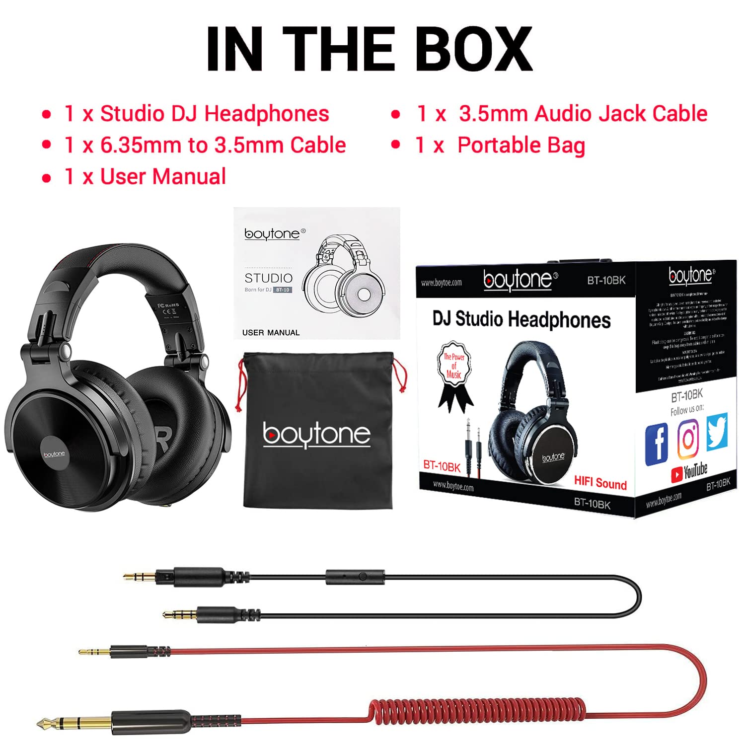 Boytone Bt 10Bk Wired Over Ear Headphones Studio Monitor & Mixing Dj Stereo Headsets With 50Mm Drivers And 1/4 To 3.5Mm Audio Ja