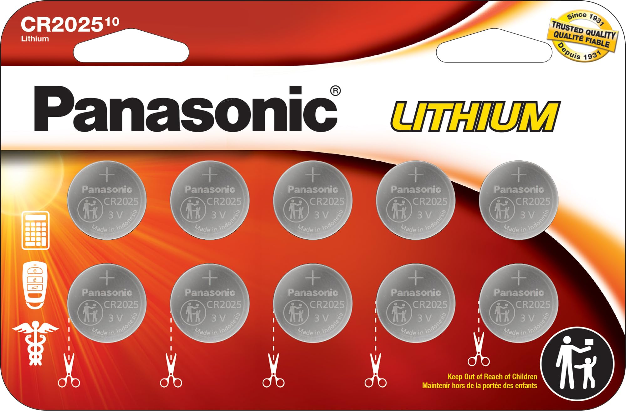 Panasonic Cr2025 3.0 Volt Long Lasting Lithium Coin Cell Batteries In Child Resistant, Standards Based Packaging, 10 Count(Pack