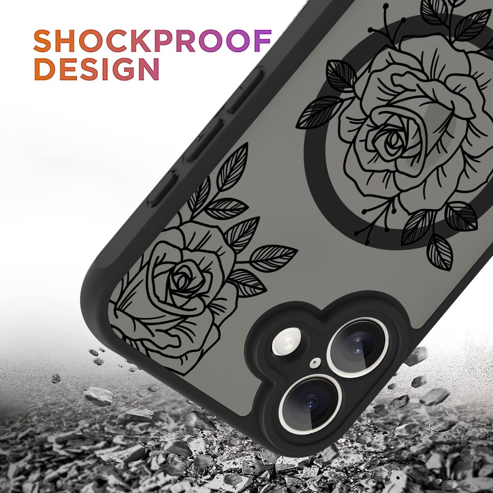 Ook Magnetic For Iphone 16 Case [Compatible With Magsafe] Black Flower Floral Slim Translucent Matte Case For Iphone 16 Case Cam