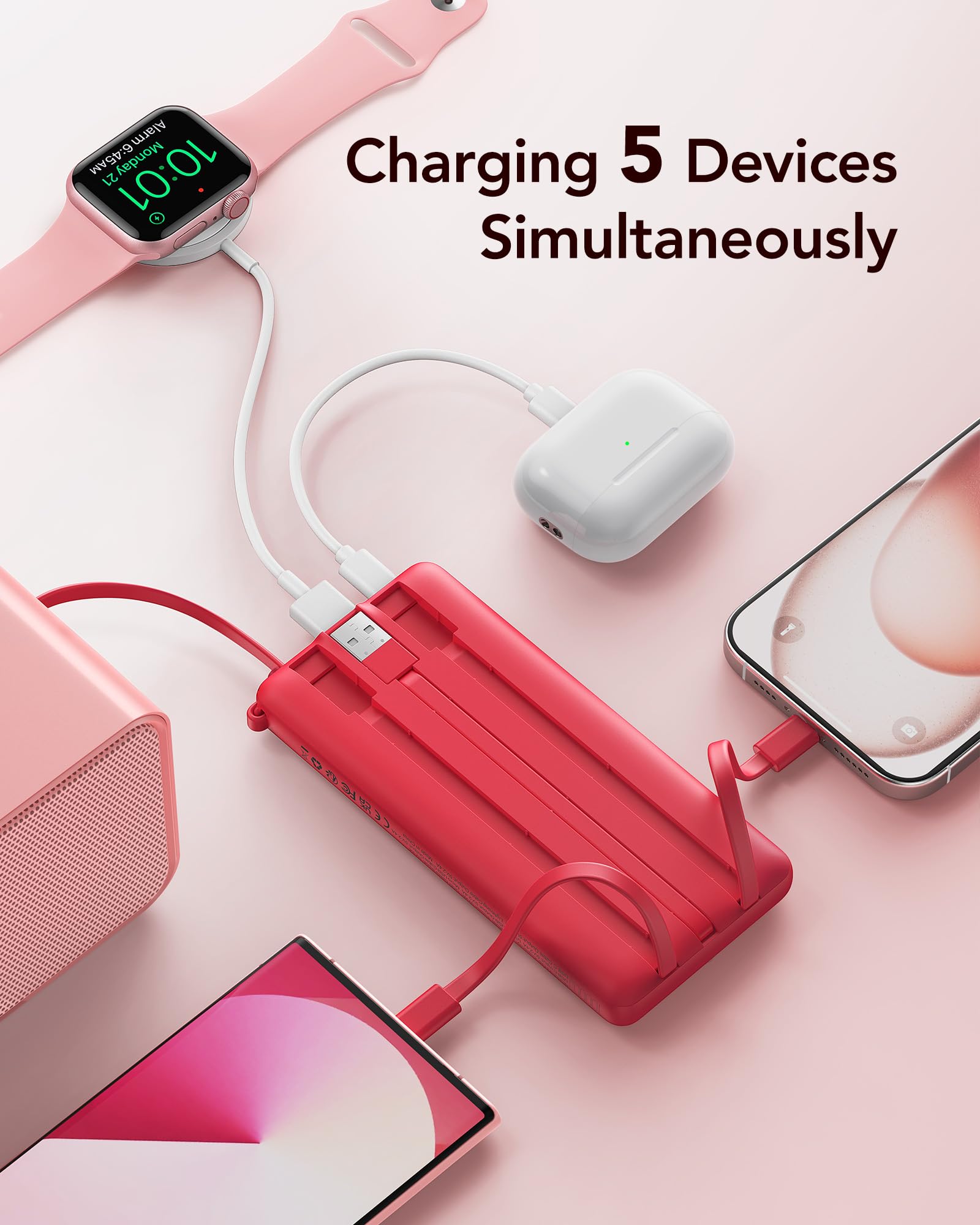 Vrurc Portable Charger, 10000Mah Power Bank Built In Cables For Iphone, Slim Compact Travel Essentail, 5 Outputs 2 Inputs Usb C