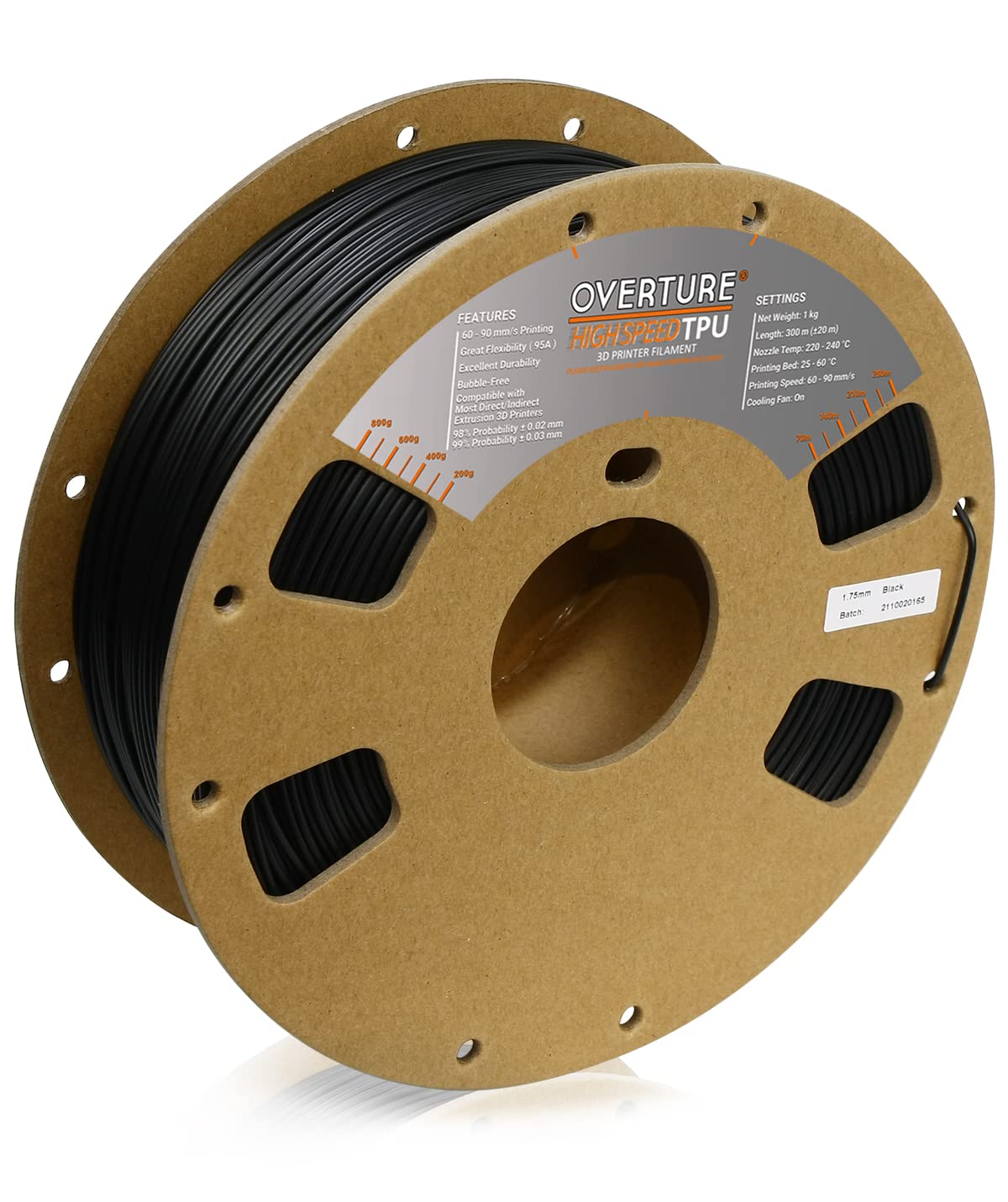 Overture Tpu High Speed Filament 1.75Mm Flexible Tpu Roll, 3D Printer Filament,Dimensional Accuracy +/  0.03 Mm, Fit Most Fdm Pr