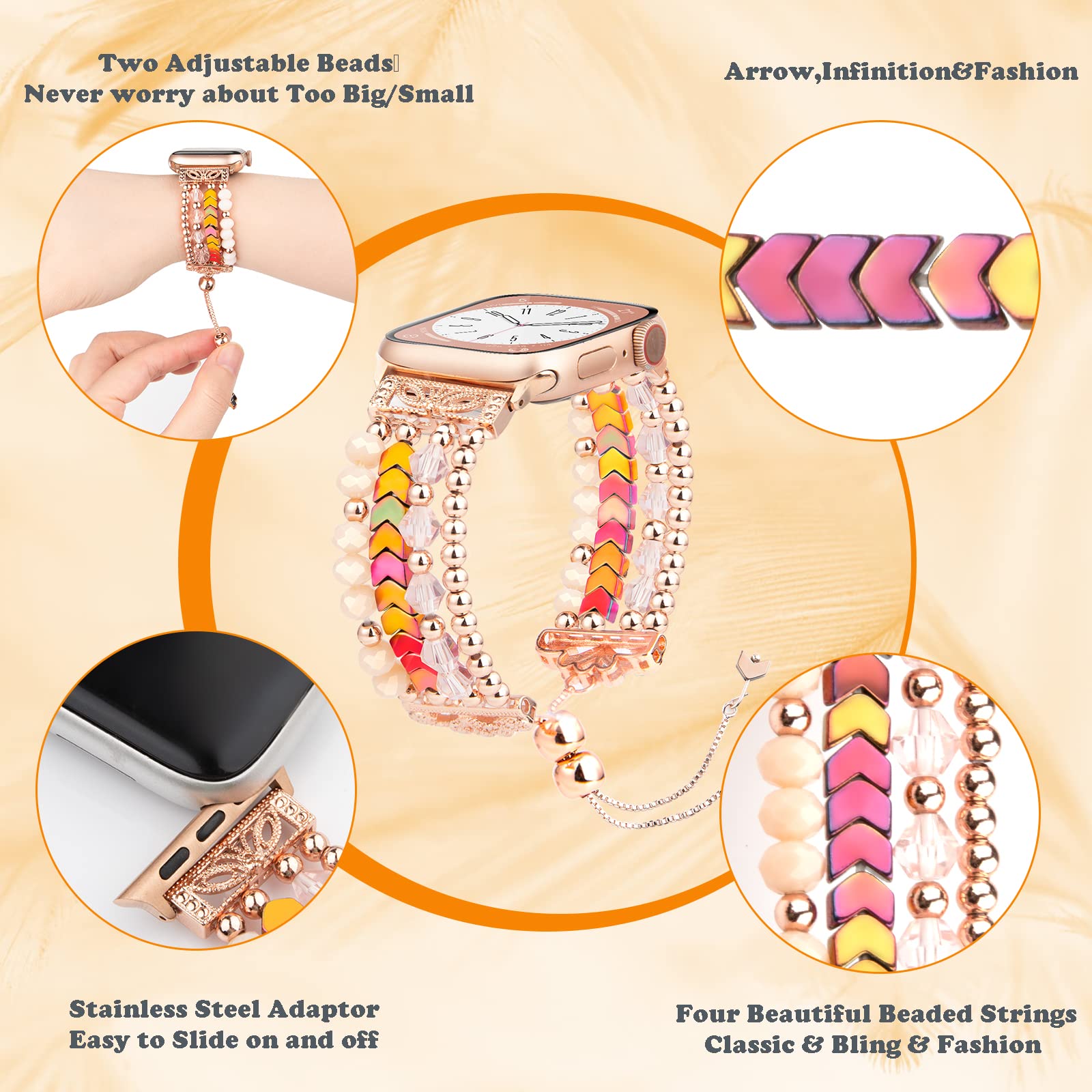 Beaded Bracelet Band Compatible For Apple Watch Ultra Series Se 8 7 6 5 4 3 2 1, Fohuas Adjustable Arrow Crystal Rainbow Pearl B