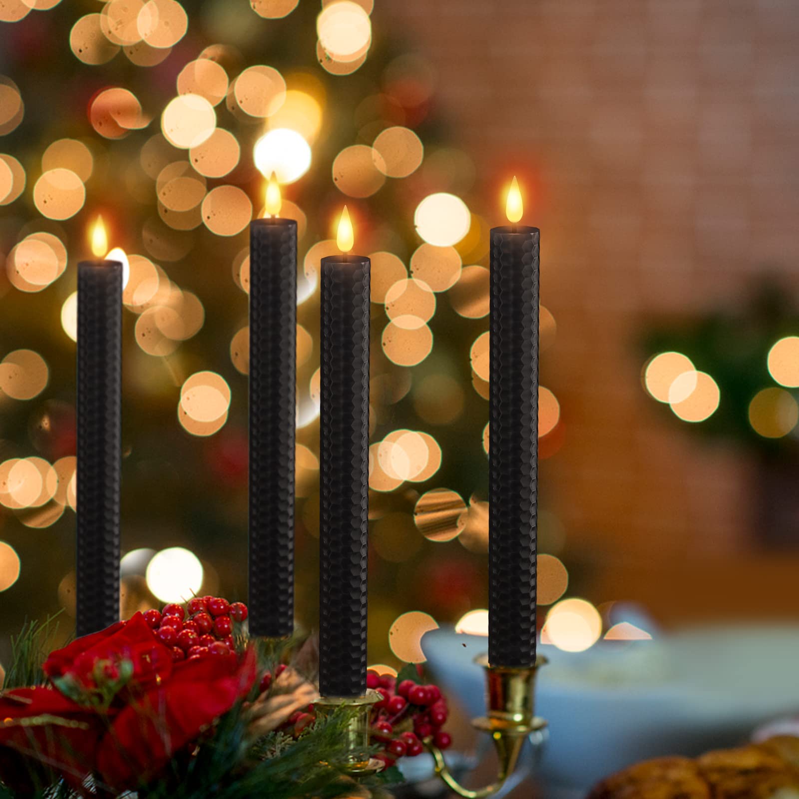 Soulbay Black Flameless Taper Candles, 9.7'' Battery Operated Real Wax Honeycomb Led Window Candle Sticks With Remote & Timer, F