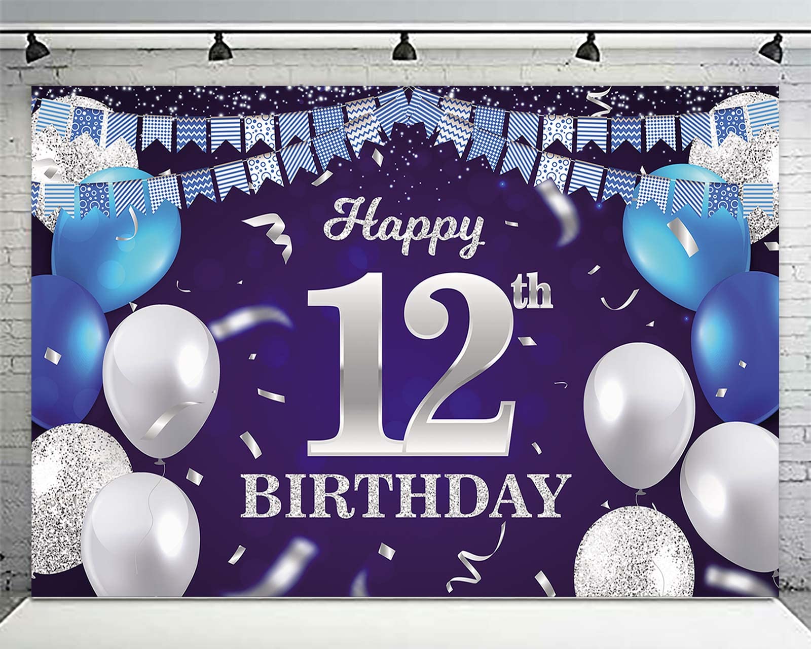 Happy 12Th Birthday Banner Backdrop Navy Blue Balloons Confetti Stripe Flag Light Spots Cheers To 12 Years Old Theme Decorations