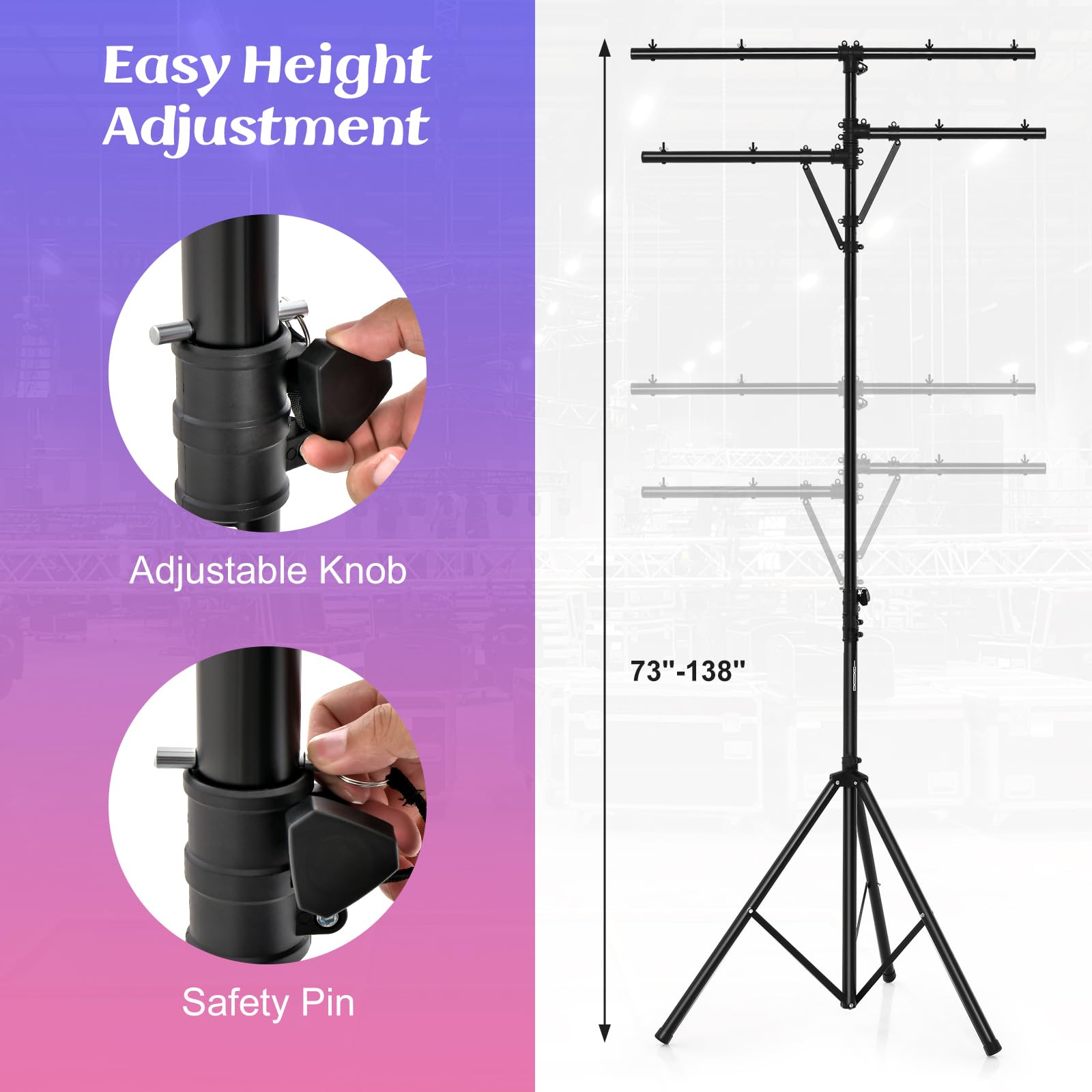S Afstar Pro Audio Tripod, Multi Arm Tripod W/ 6.1-11.5 Ft Adjustable Height, Portable T Bar Lighting Stand W/ 100 Lbs Capacity,