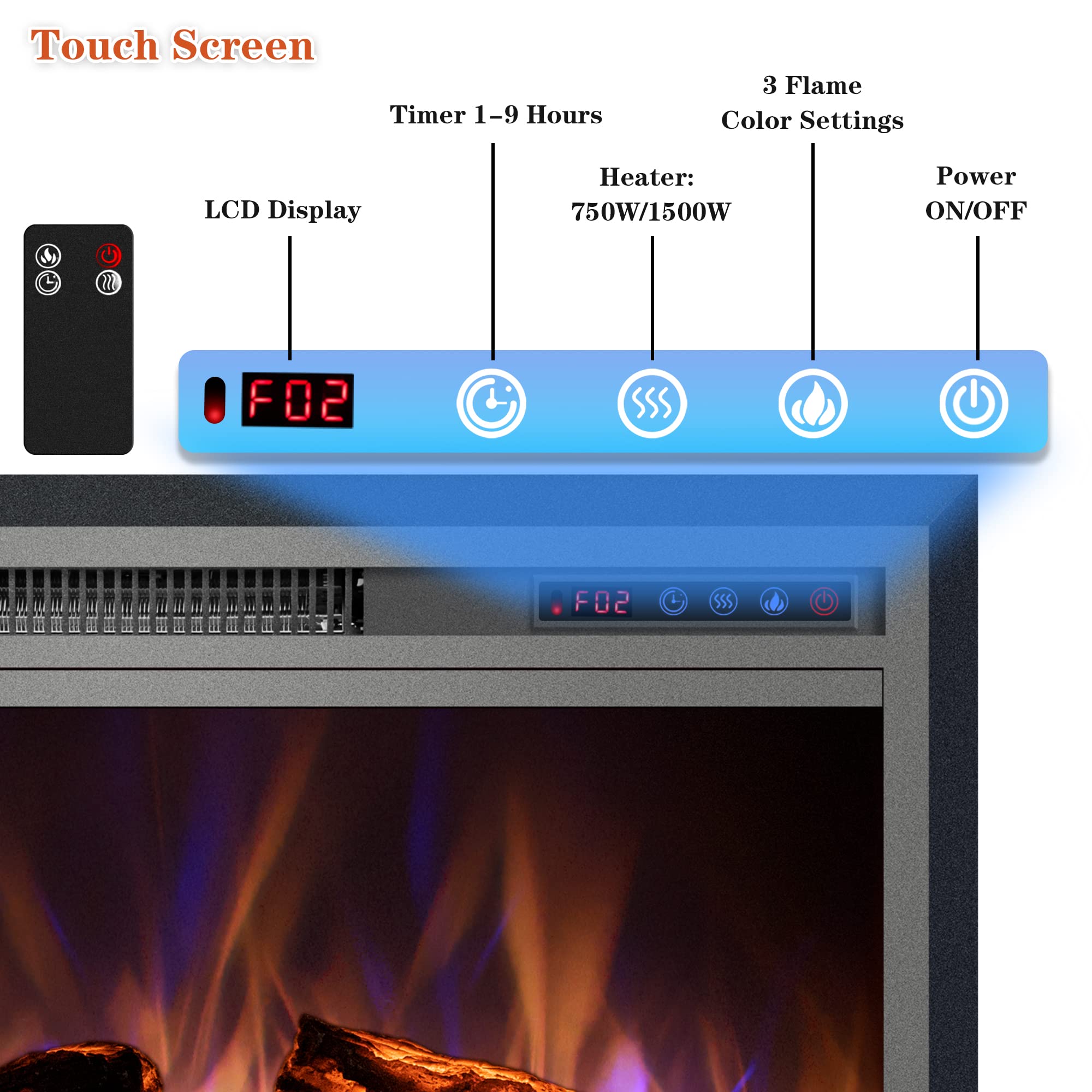 Kentsky Electric Fireplace, Electric Fireplace Inserts, Recessed Fireplace Heater With Remote Control, Adjustable Flame Colors,