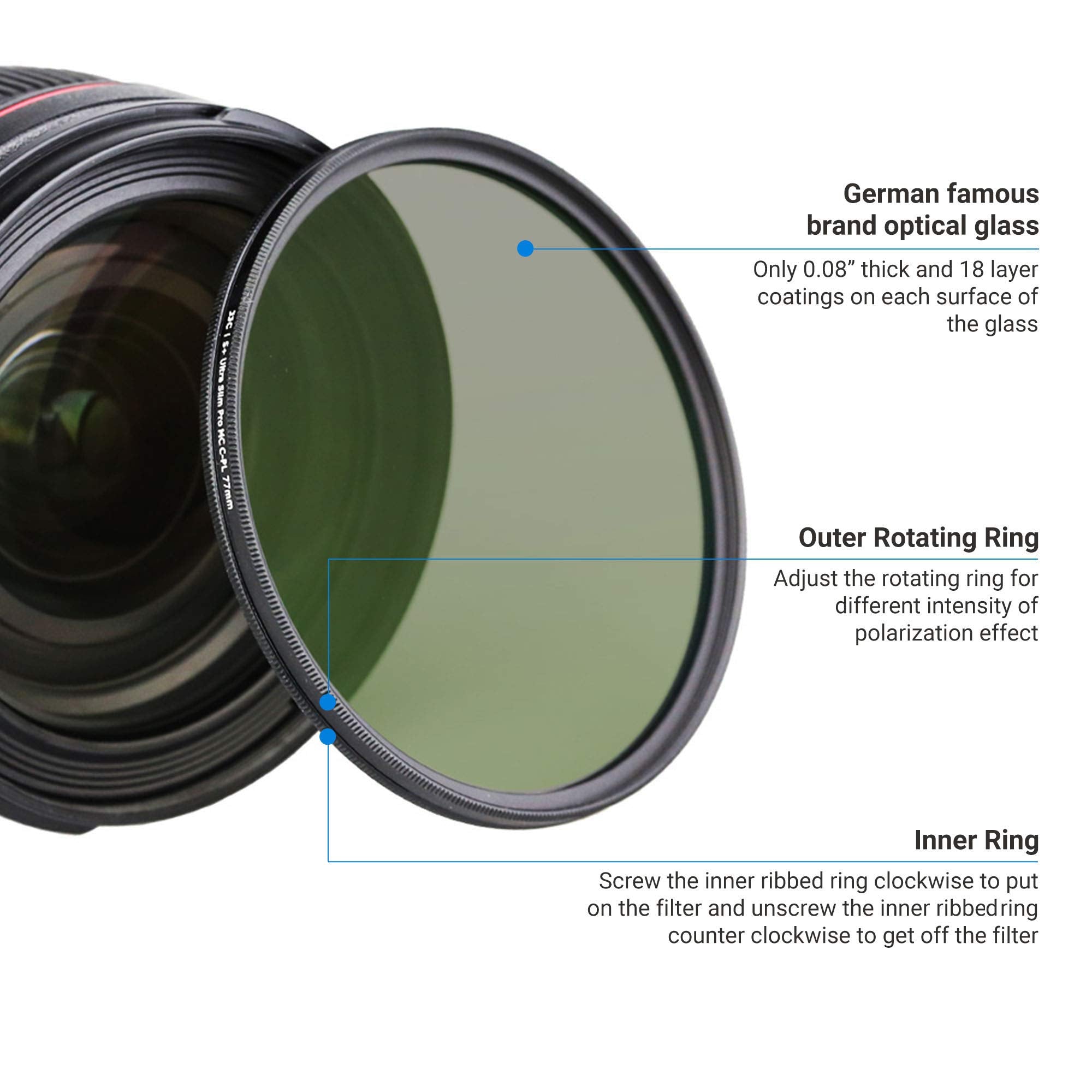 JJC Circular Polarizer Filter HD 18-Layer CPL 55mm Optical Glass F-WCPL55