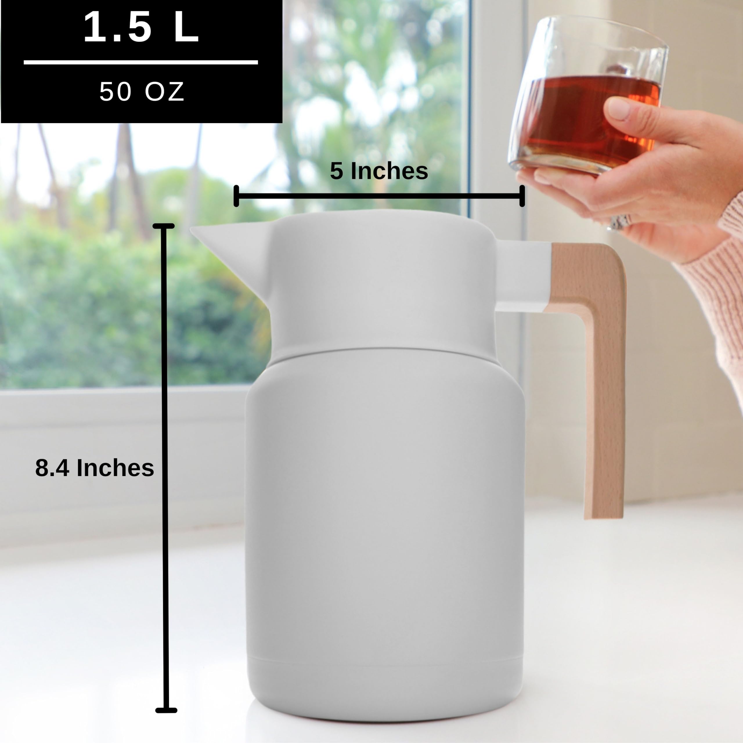 HASTINGS COLLECTIVE Thermal Coffee Carafe 50 Oz - Large Stainless Steel Insulated Thermos, White - Model Lagom with Tea Infuser