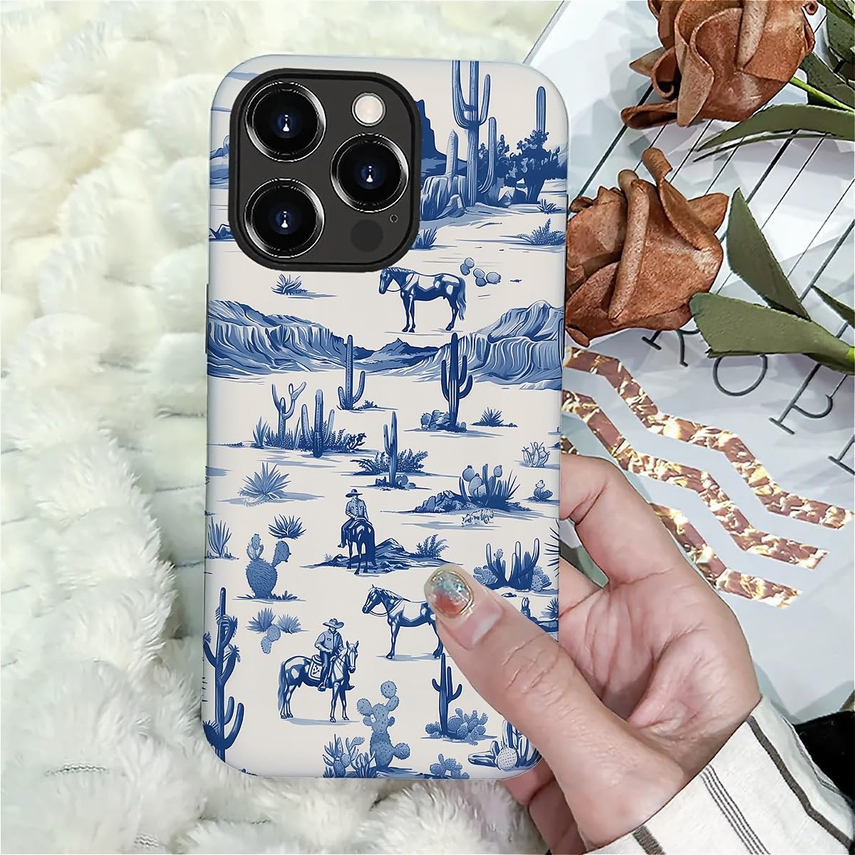 Fkbrcl4U For Iphone 16 Pro Case, Hybrid 2-Layer Silicone Protective Matte Case For Girl Women Western Cowboy Horse Cow Desert Ca