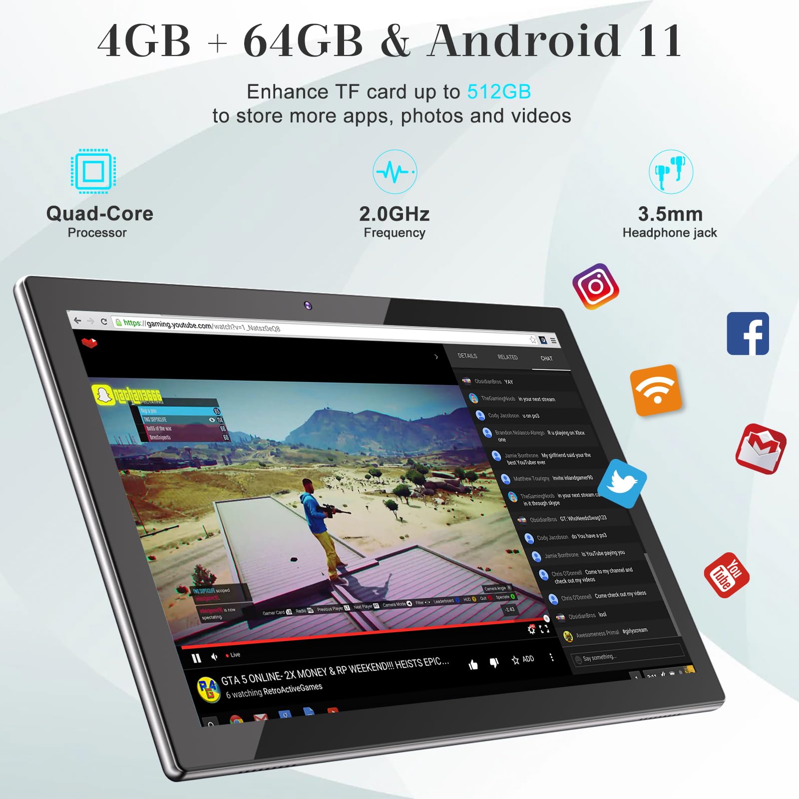 10.1 Inch Android 11 Tablet, Newest 2 In 1 Tablets, 4Gb Ram+64Gb Rom Quad Core Processor, 1280*800 Fhd Tableta With Keyboard/Mou