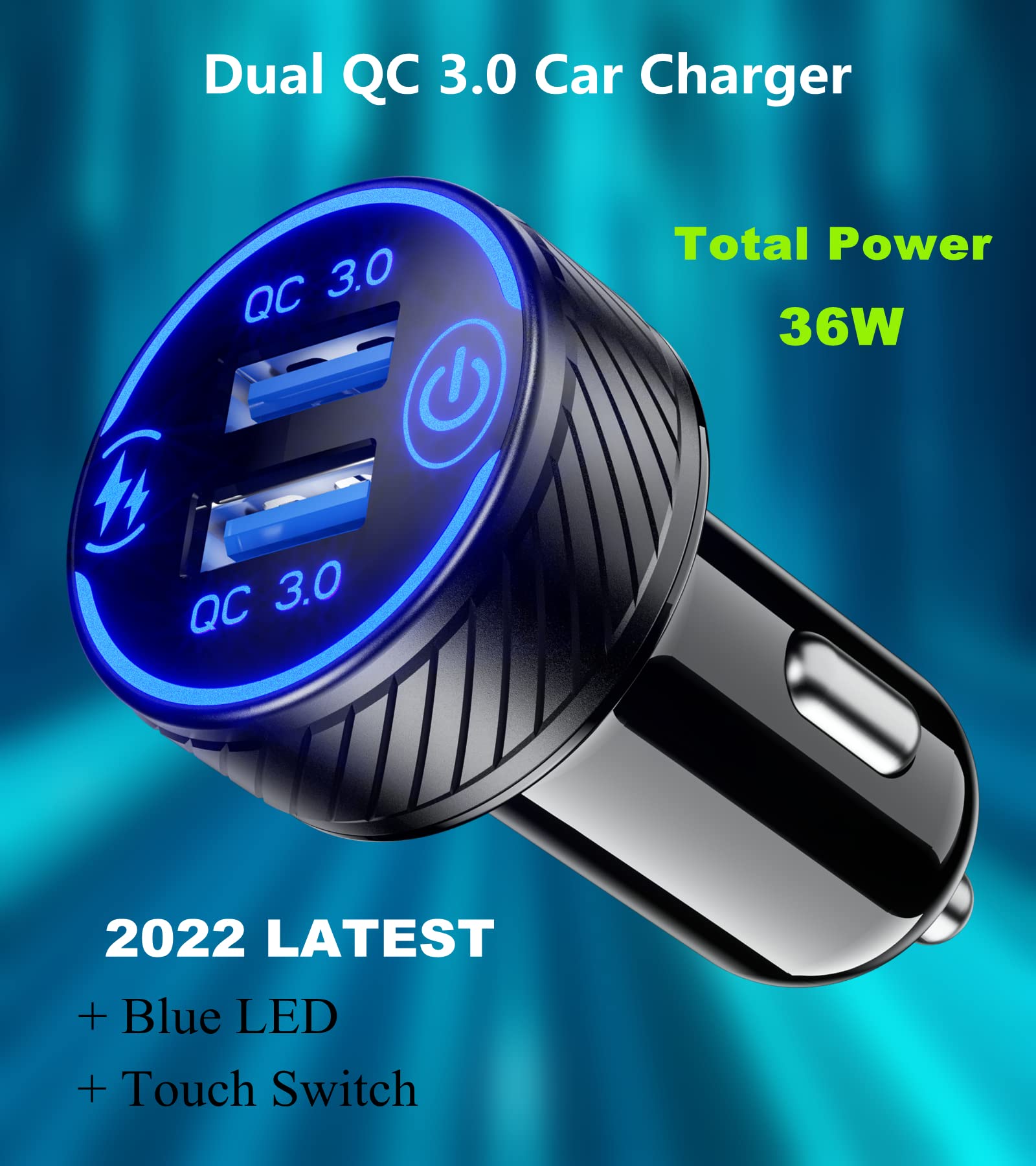 Brcovan Car Charger, Dual Qc3.0 Port Usb Car Phone Charger Adapter, 36W 3A Fast Charge With Touch Switch & Blue Led