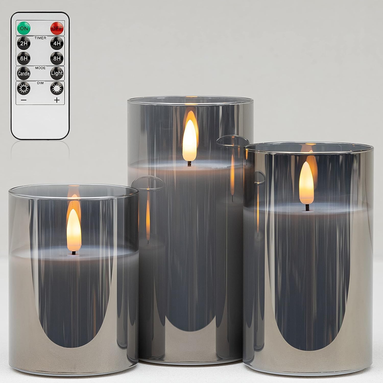 Covege Grey Glass Flameless Candles With Timer - Battery Operated Candles With 10-Key Remote, Real Wax Led Flickering Pillar Can