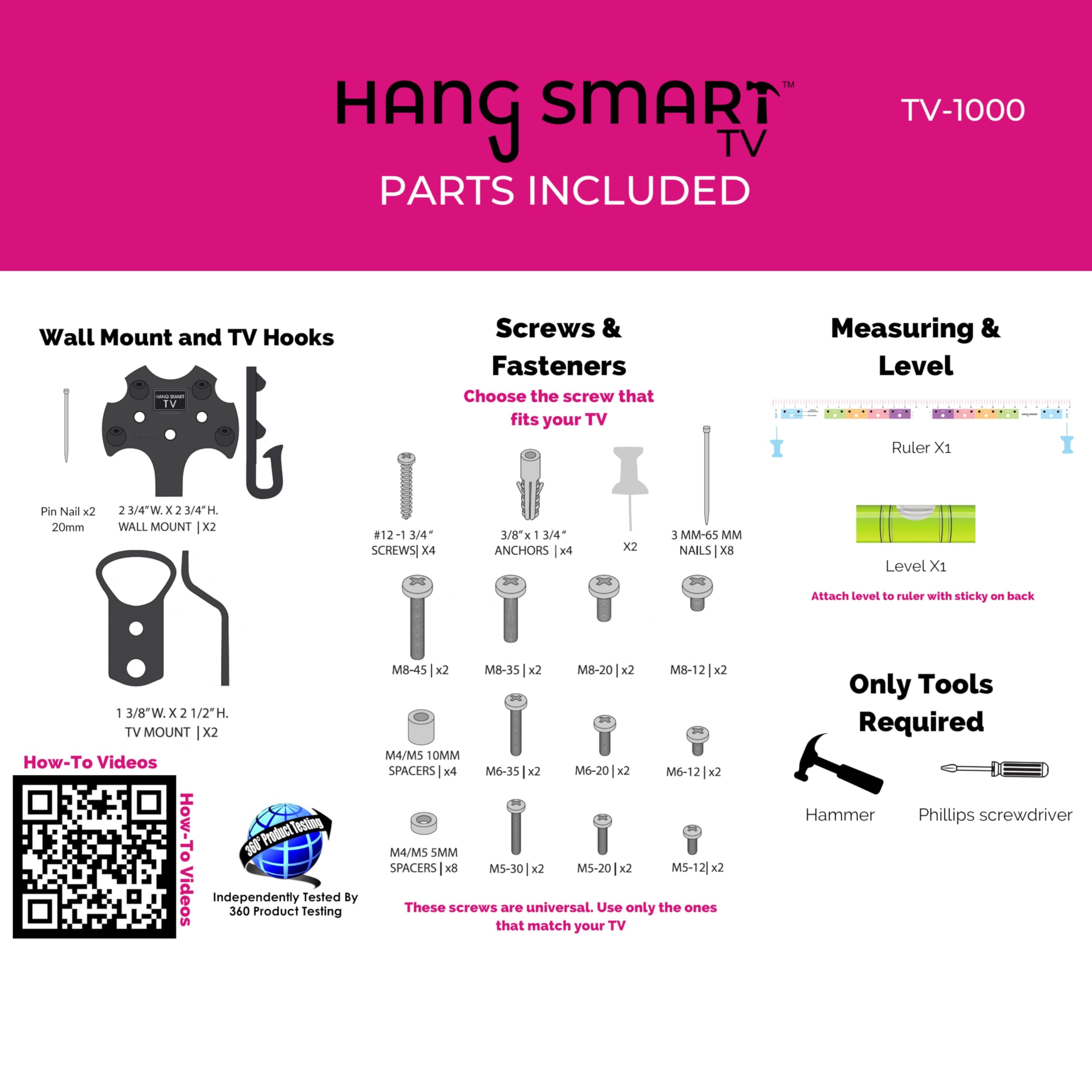 Hangsmart Tv Wall Mount No Stud   Original & Patented Easy Install, Diy For 19 100'' Tvs, Holds Up To 150Lbs, Fits Most Led Lcd