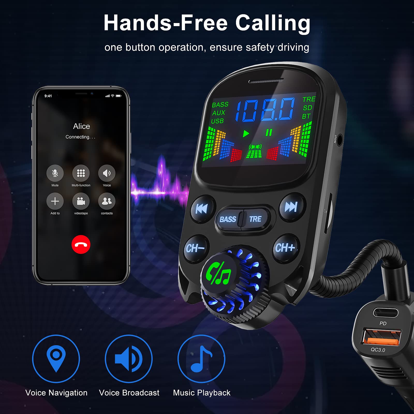 Bluetooth 5.3 Fm Transmitter For Car  Soarun Bluetooth Car Adapter Pd30W & Usb Port Fast Charge   Hifi Treble & Bass Player   1.