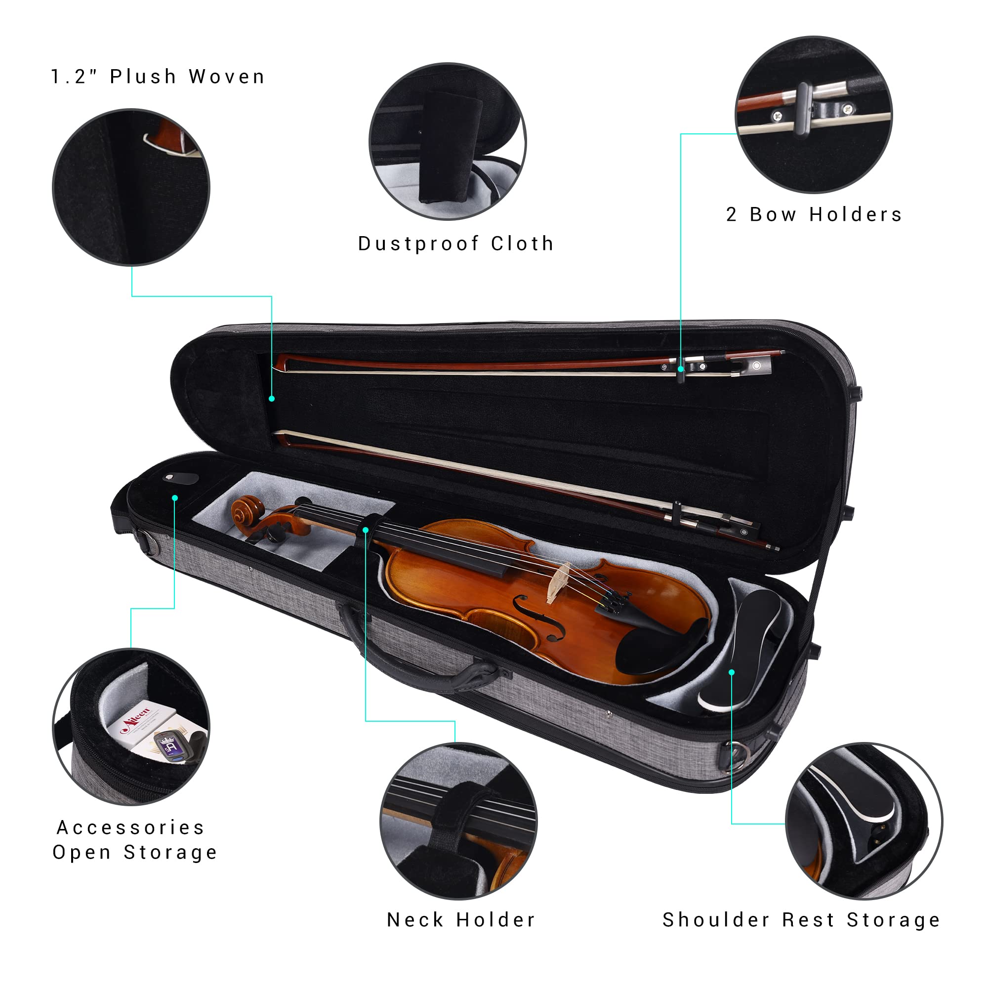 Aileen Csv502 Basic Professional 4/4 Full Size Violin Case Triangular Hard Shell Lightweight, Gray