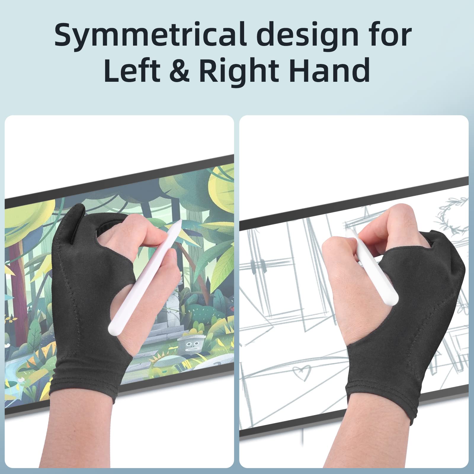 Artist Drawing Glove 3 Layer Palm Rejection [2 Pack Black] Right Left Hand Digital Art Graphic Tablet Ipad Gloves Two Finger Smo