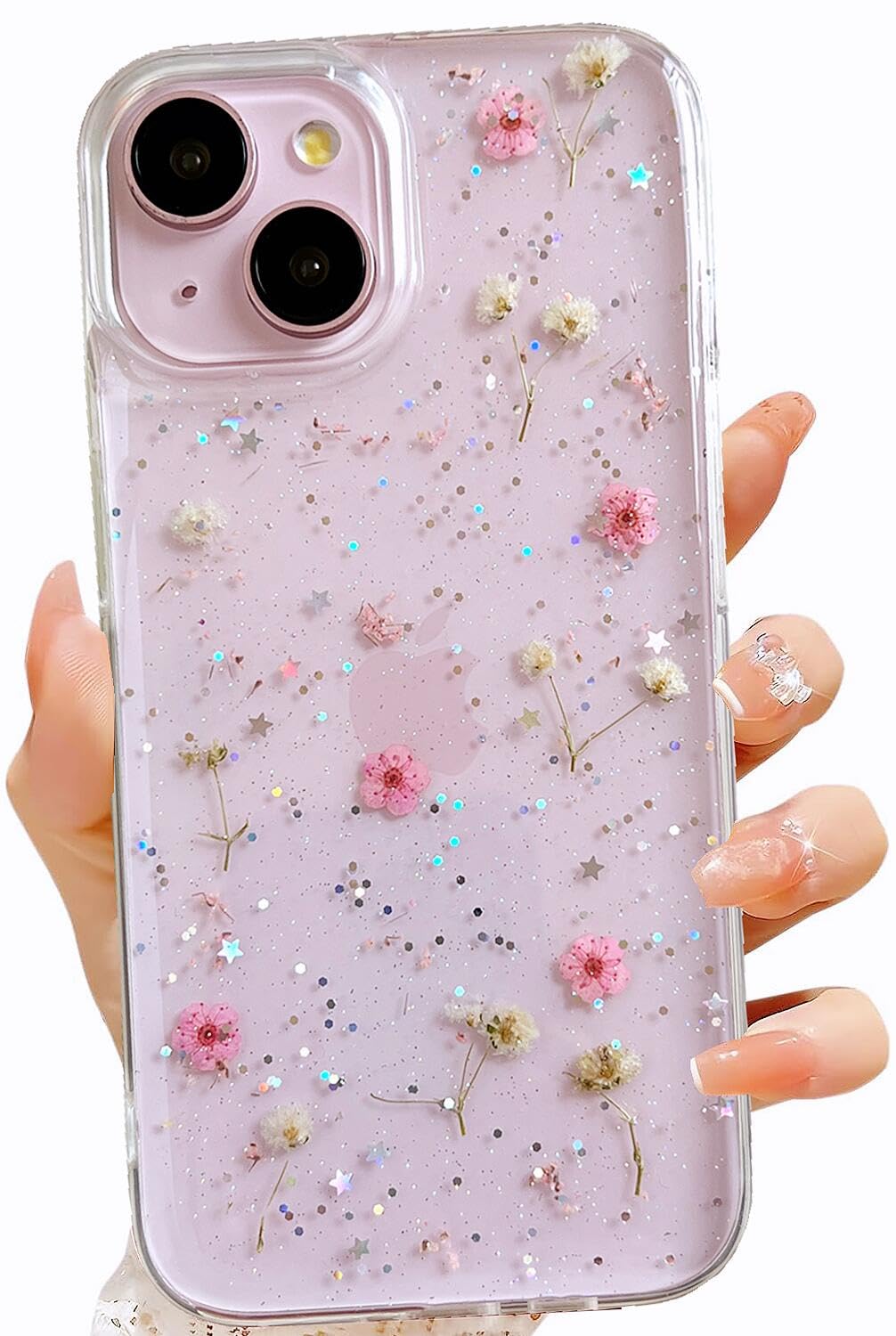 Lseeka For Iphone 15 / Iphone 14/ Iphone 13 Clear Case With Pressed Real Flowers Design,Glitter Cute Pink Floral Pattern Soft Tp