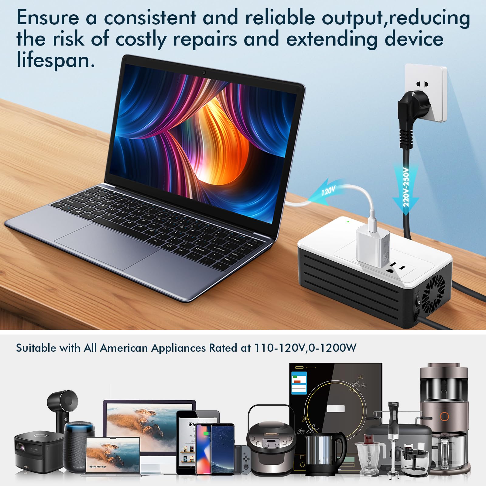 1200W Universal Travel Adapter Converter Step Down 220V To 110V, 2 Lbs Light Weight, Stable Pure Sine Wave, For Hair Dryers, Str