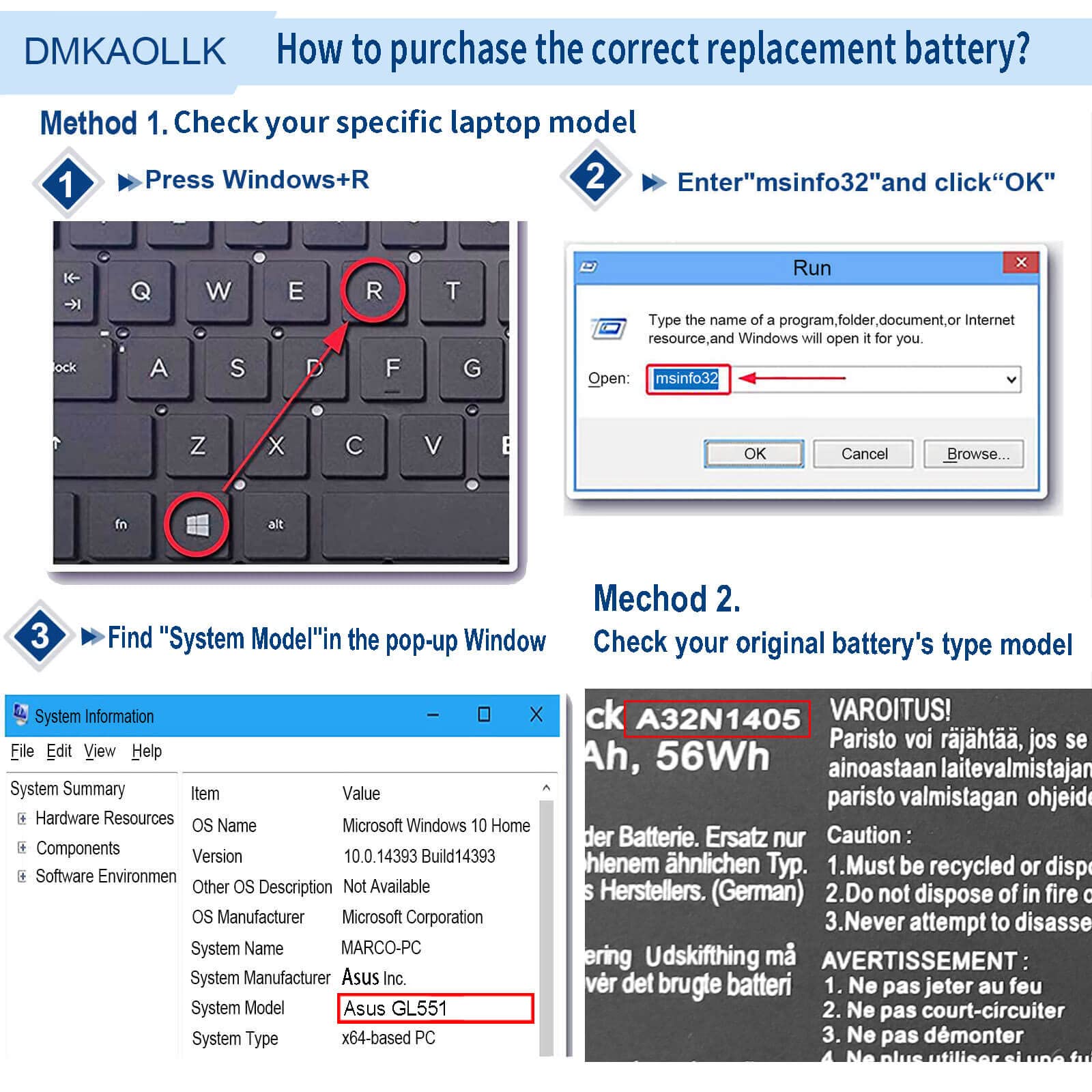 Dmkaollk A32N1405 A32Li9H Laptop Battery For Asus Gl551 Gl551J Gl551Jw Gl551Jw Ds71 Gl551Jw Ds74 Gl551J Eh74 G551 G551J G551Jm G
