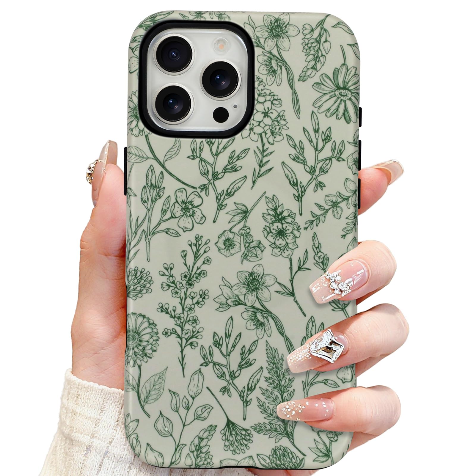 SOKAD Magnetic Sage Floral Phone Case for iPhone 16 Pro, Vintage Green Flower Pattern Compatible with Magsafe Matte Protective C