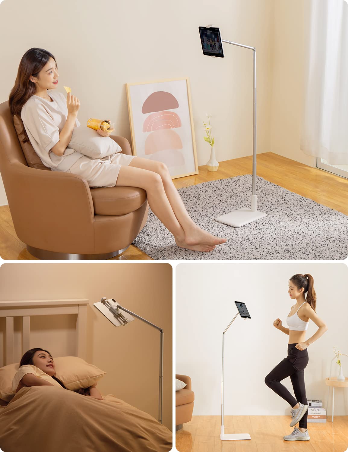 Viozon Tablet Floor Stand Flexible Long Arm Tablet&Phone Holder,360� Angle Adjustable, Aluminum Alloy, Bedside,Sofaside,Table,Desk,Compatible with iPad,Kindle, iPhone 16 15 Plus/Pro Max (3.5'' 11'')