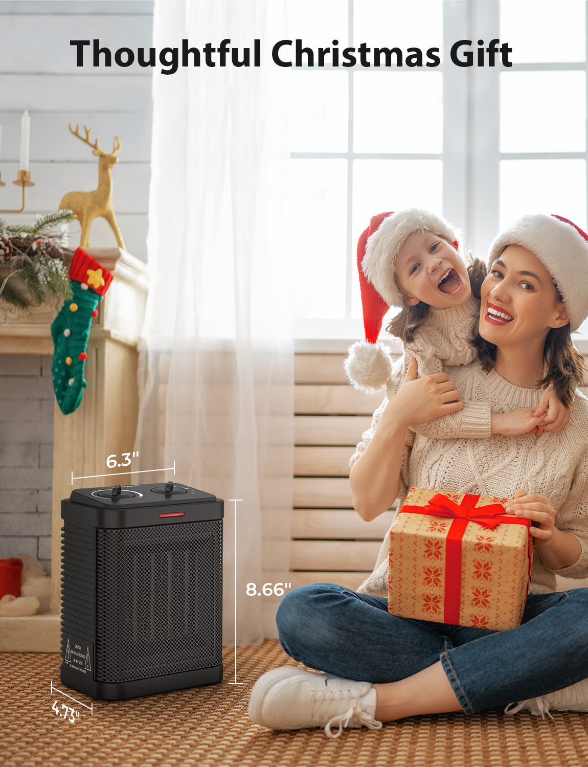 1500W Space Heater, Small Space Heater For Indoor Use, Ptc Ceramic Space Heater With Thermostat, 3 Modes, Safety Quiet Heating,