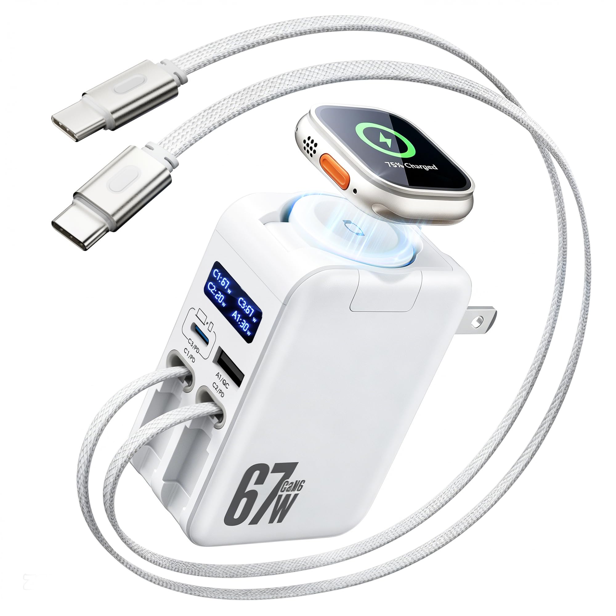 5in1 67W Retractable USBC Wall Charger, for Apple Watch & iPhone & iPad