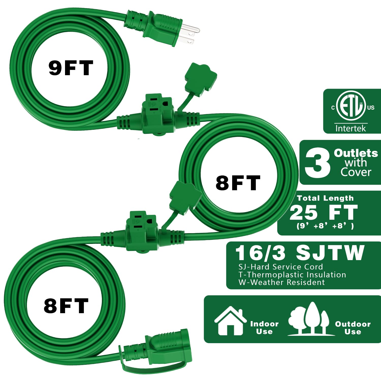 K Kasonic   Outdoor Extension Cord 25 Ft, Evenly Spaced 3 Outlets Plugs, 16/3 Sjtw Weatherproof Multiple Outlets Wire For Landsc