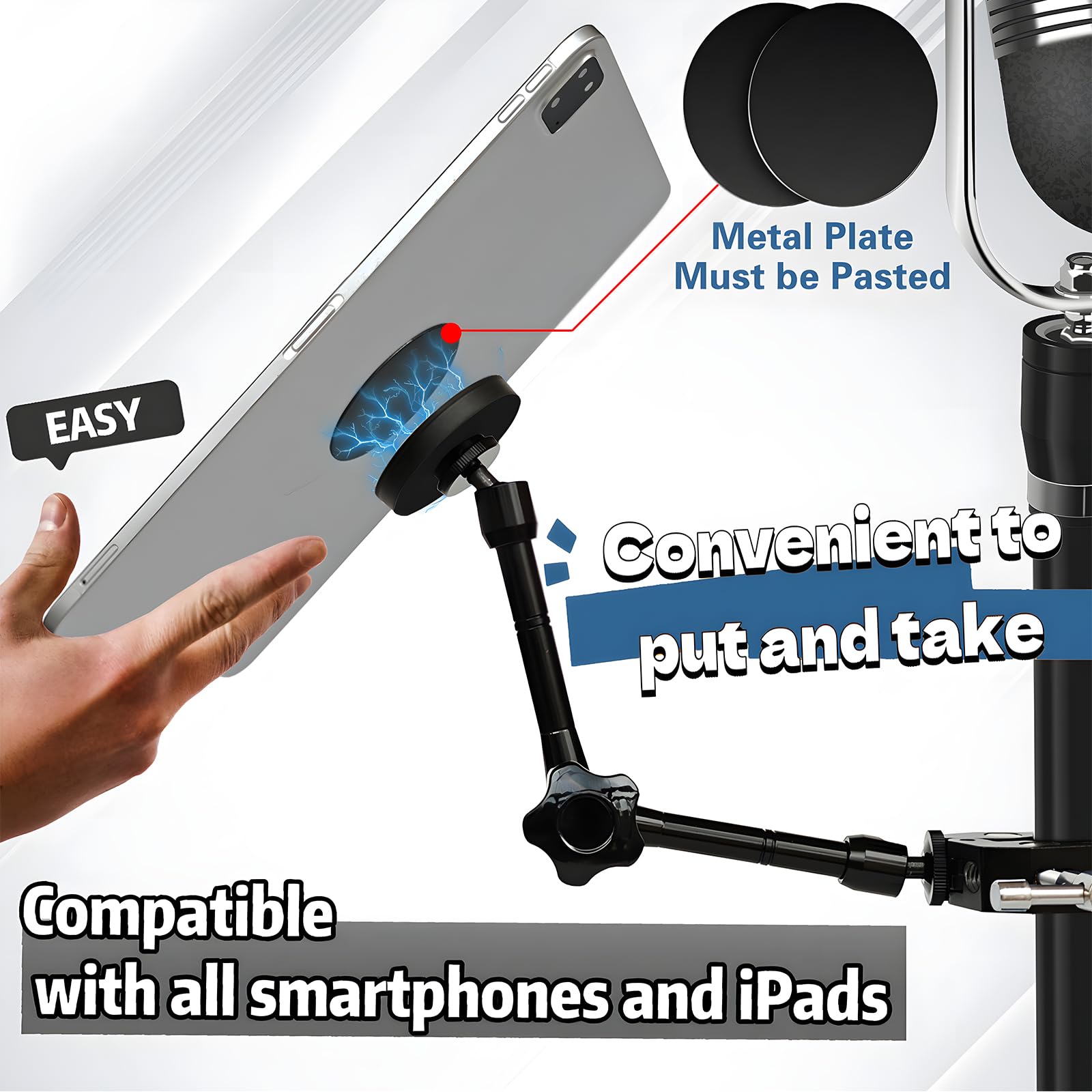 Magnetic Tablet Holder For Mic Stand, Full Metal Phone & Ipad Music Stand, Compatible With All Models Of Ipad And Iphone Devices