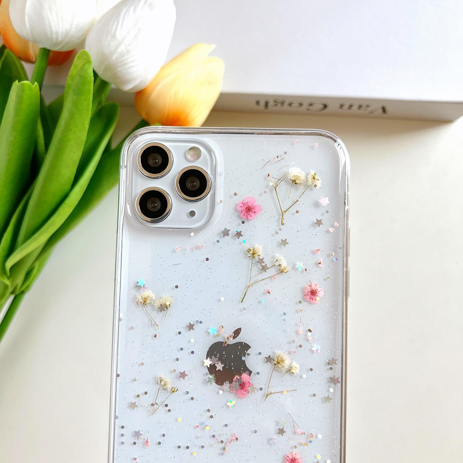 Lseeka For Iphone 11 Pro Clear Case With Pressed Real Flowers Design,Glitter Cute Pink Floral Pattern Slim Soft Tpu Protective W