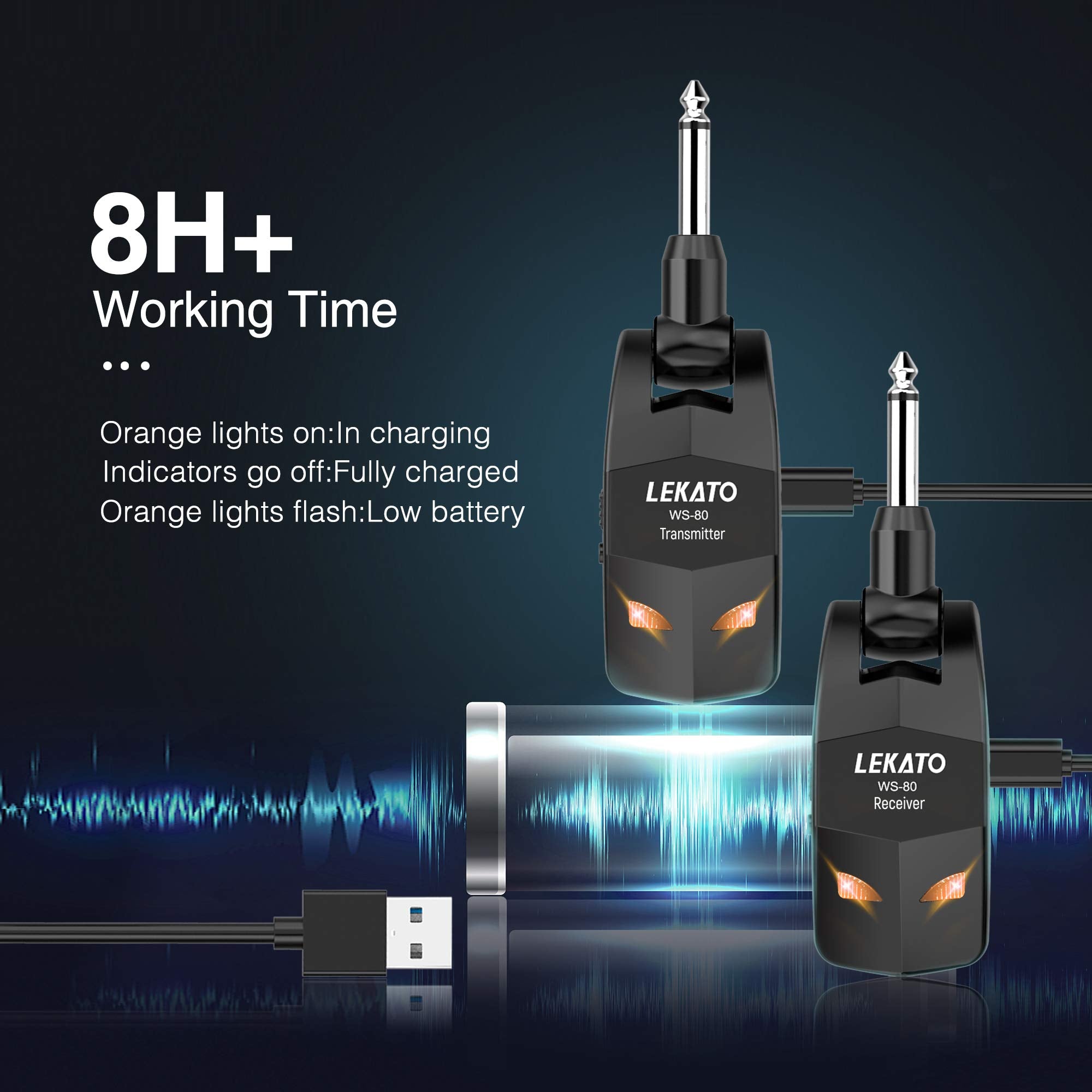 Lekato 2.4Ghz Wireless Guitar System Audio Wireless Transmitter And Receiver Rechargeable Guitar Wireless System With 4 Channels