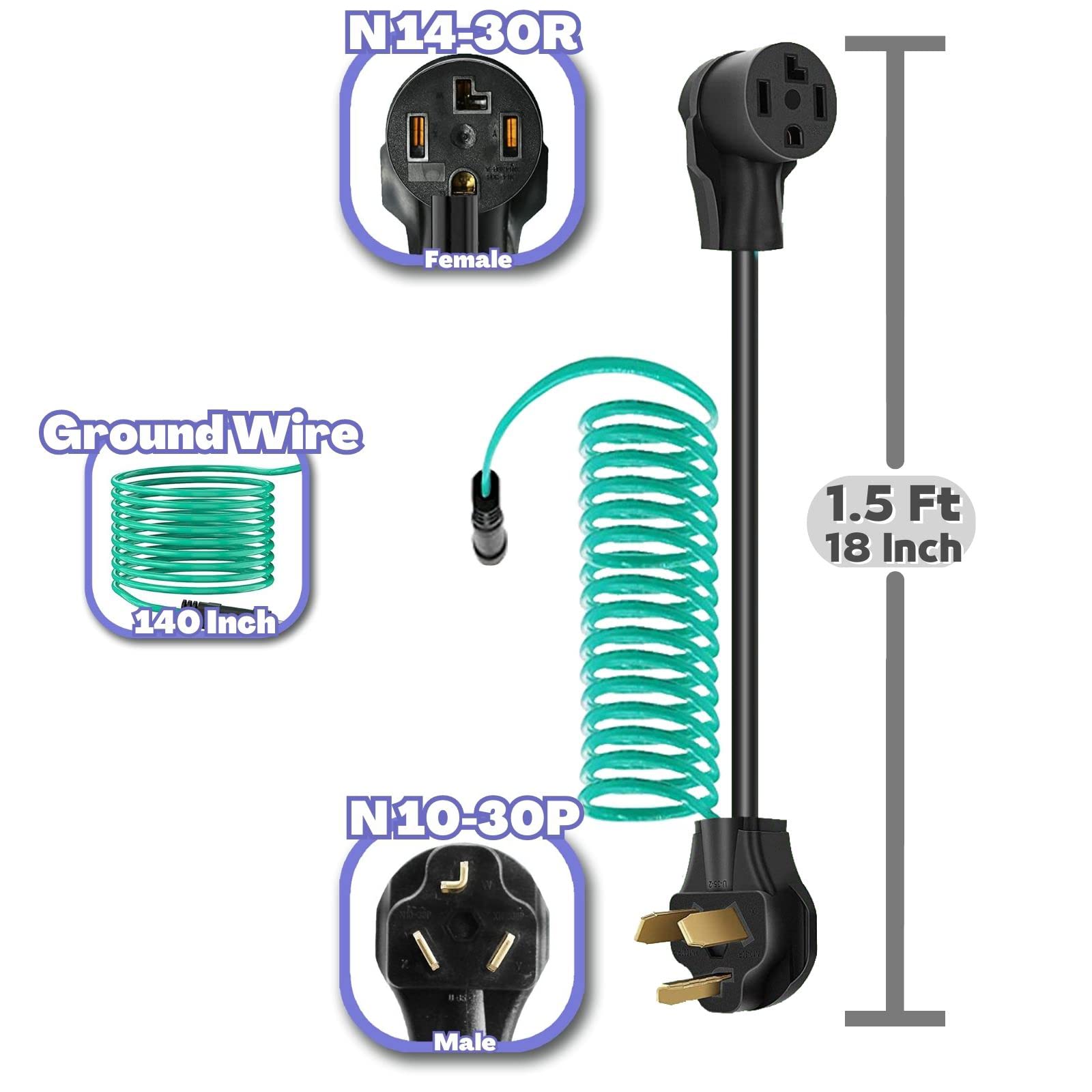 Dryer Adapter Cord, Nema 10 30P Male To 14 30R Female With Ground Wire   4 Prong To 3 Prong, 1.5Ft, 30A/250V, Stw 10Awg   Ideal