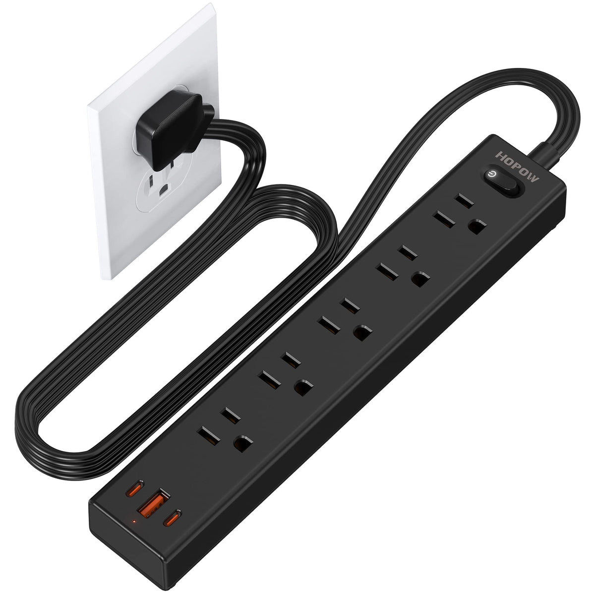 Hopow Flat Plug Power Strip, 6 Ft Ultra Thin Extension Cord, Surge Protector With 5 Outlets & 3 Usb Ports (2 Usb C), 1700 Joules