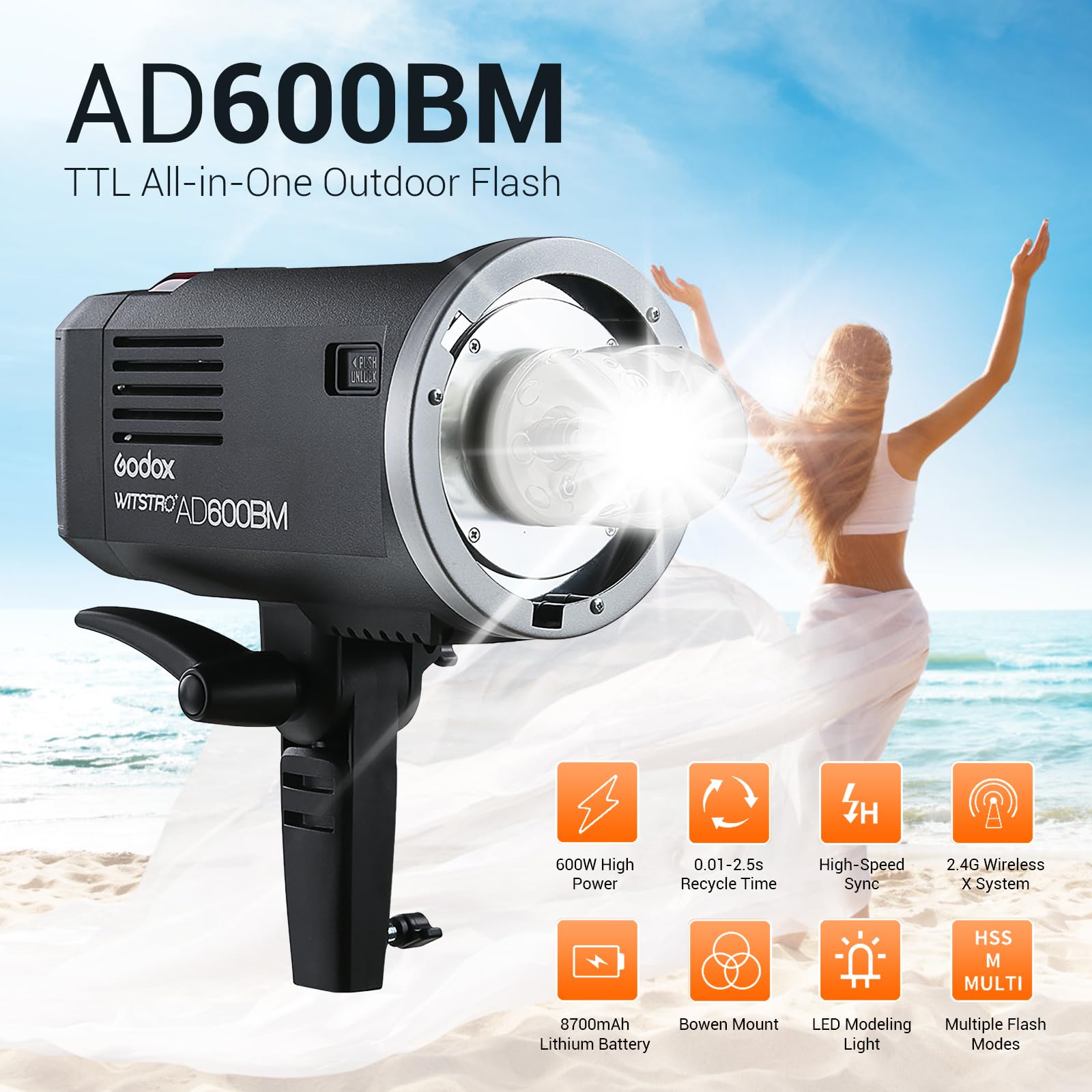 Godox Ad600Bm Bowens Mount Flash, 2.4G Wireless Outdoor Flash Strobe Light, Gn87 600Ws Flash Monolight, 8700Mah Rechargeable Bat