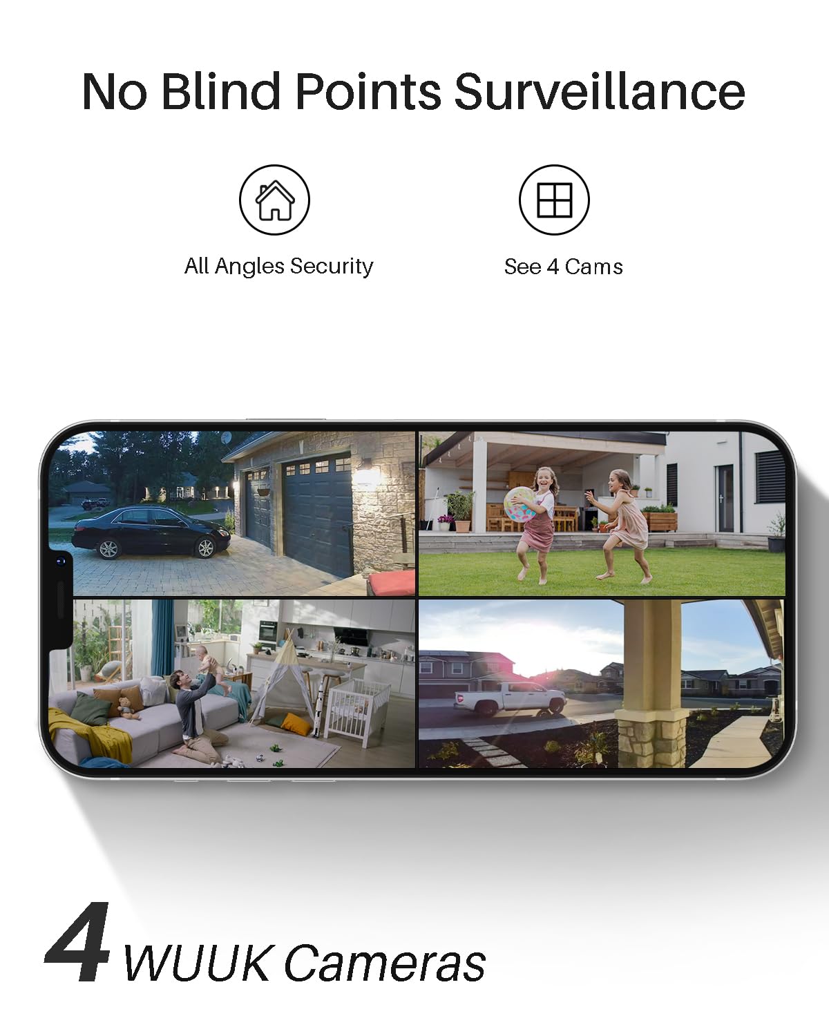 Wuuk 2K Solar Security Cameras Wireless Outdoor, Home Security Camera Support Up To 8 Cams, 4 Cam Kit, Forever Power, No Monthly