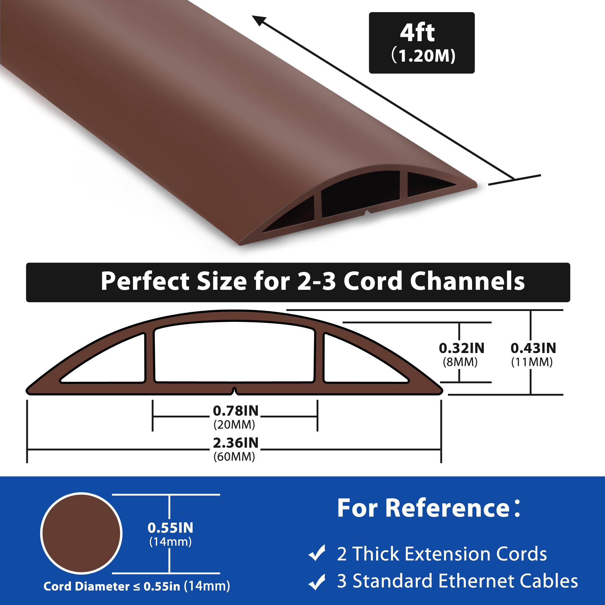 4Ft Cord Hider Floor, Lzeoy Heavy Duty Cord Covers For Wires On Floor, Brown Floor Cable Management, Hide Cord Cover Floor, Elec