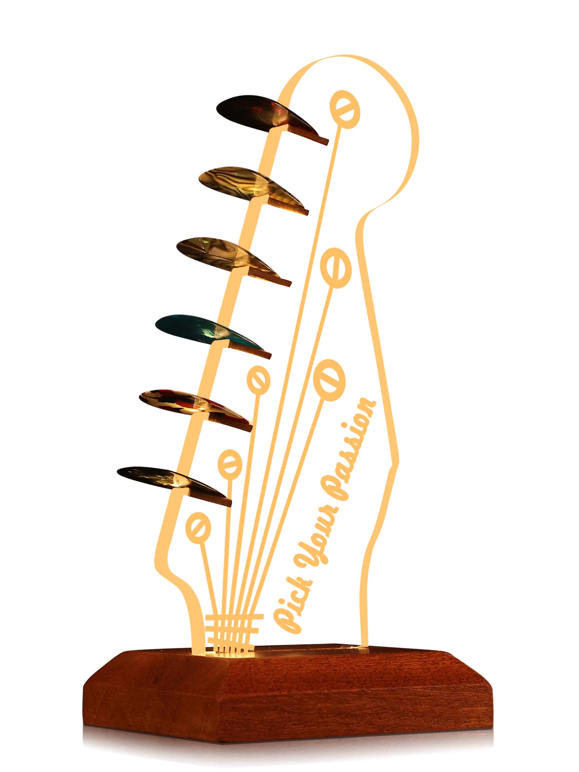 Coolgift Mart Light Up Guitar Pick Holder, Acrylic Electric Guitar Headstock Shaped Pick Holder With Wooden Base For Picks Stora